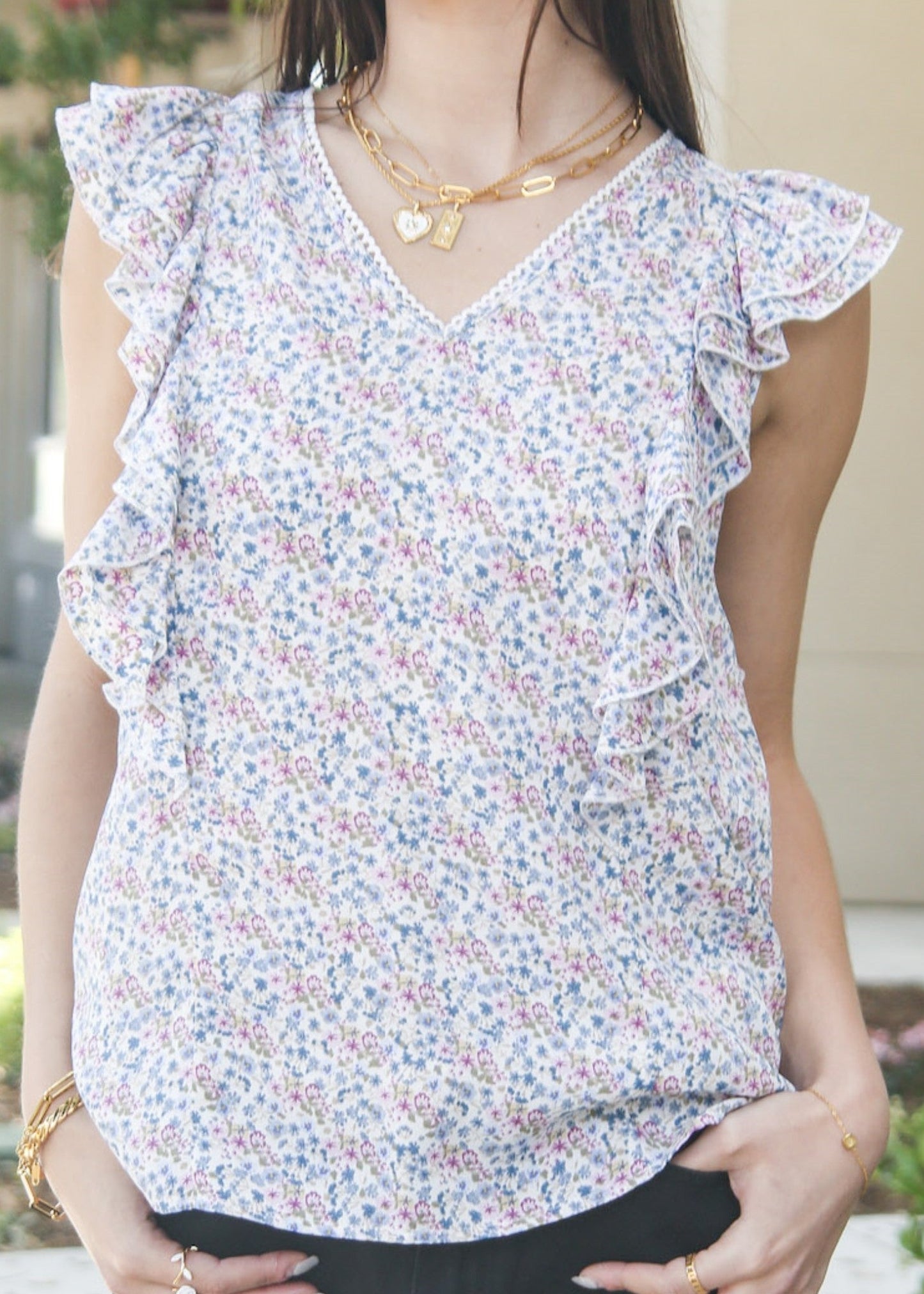 V Neck Ruffle Detail Spring Top