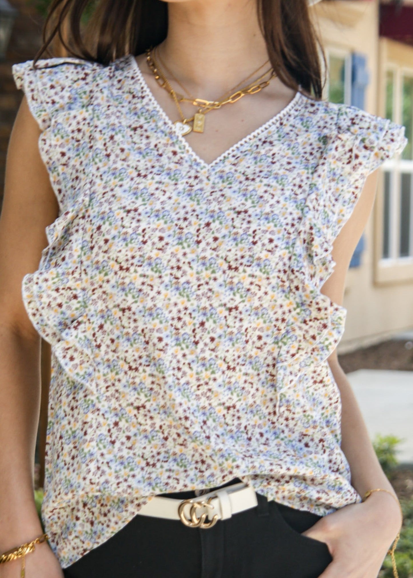 V Neck Ruffle Detail Spring Top