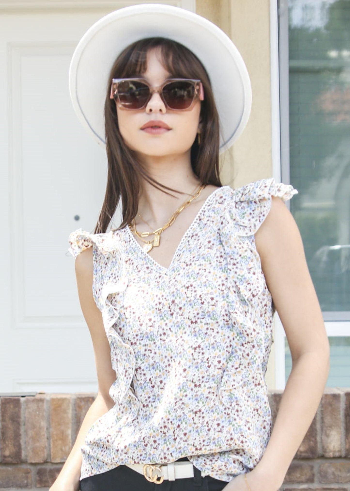 V Neck Ruffle Detail Spring Top