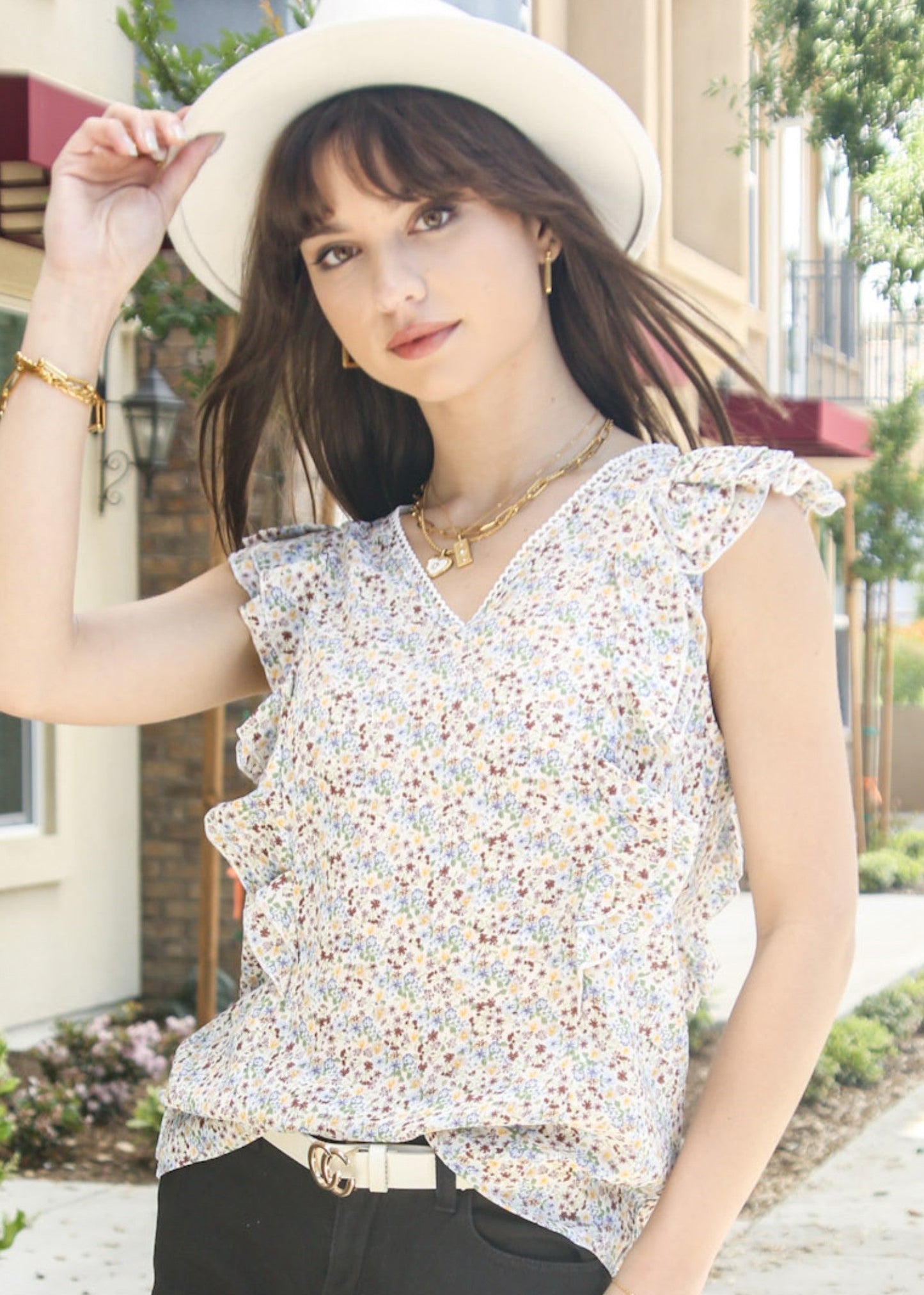 V Neck Ruffle Detail Spring Top