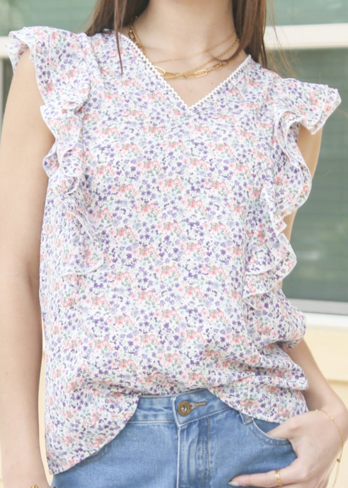 V Neck Ruffle Detail Spring Top
