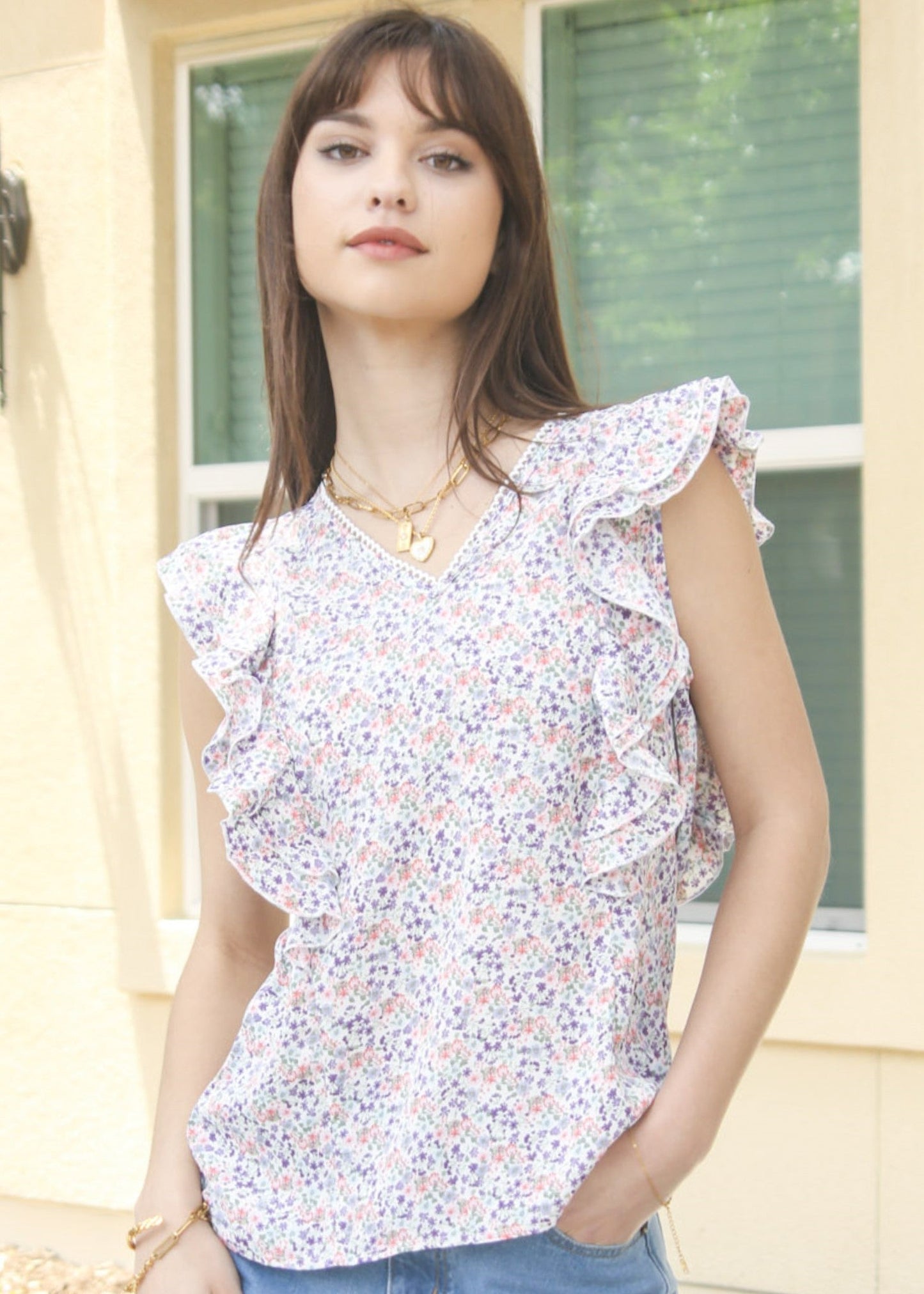 V Neck Ruffle Detail Spring Top