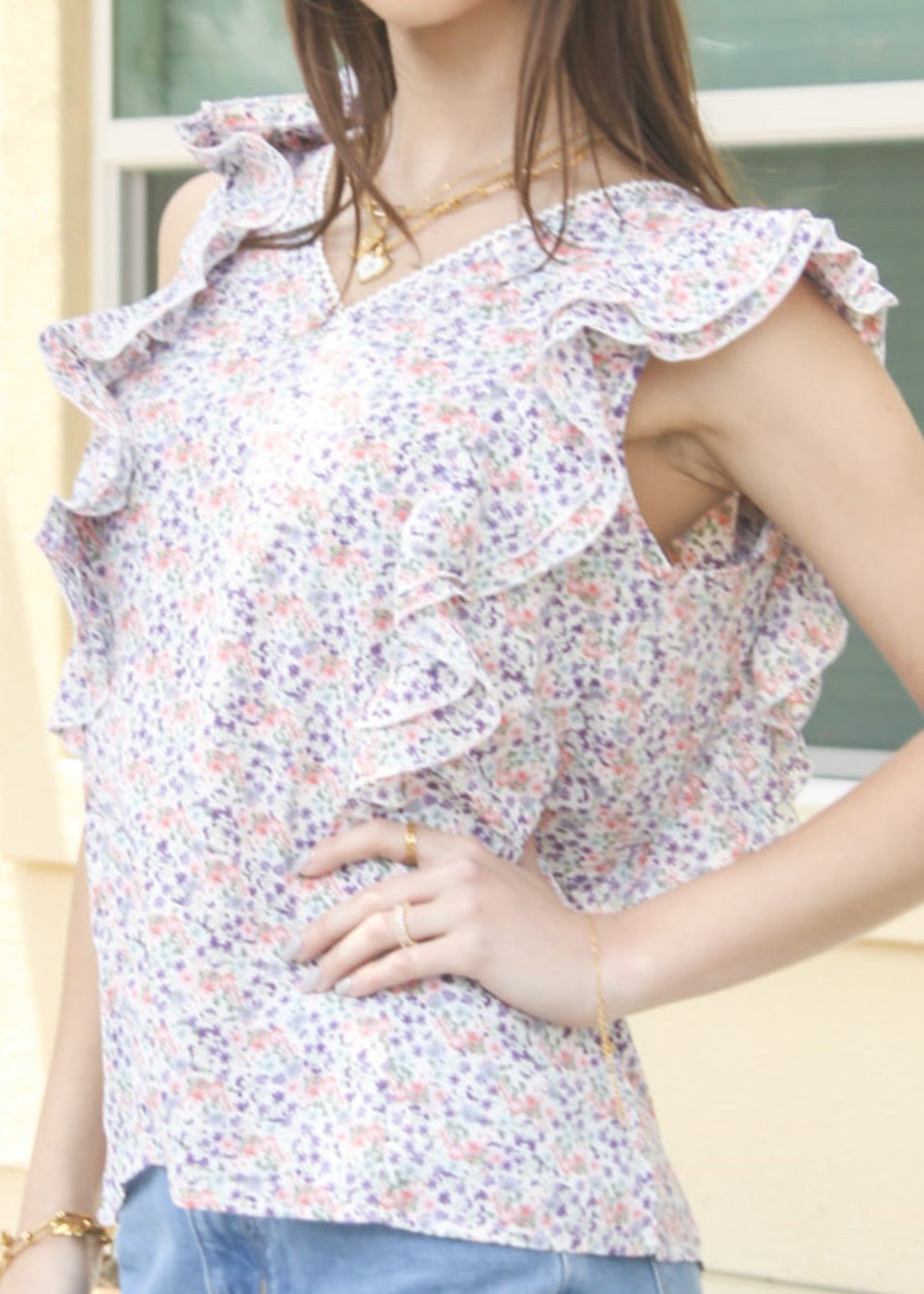 V Neck Ruffle Detail Spring Top