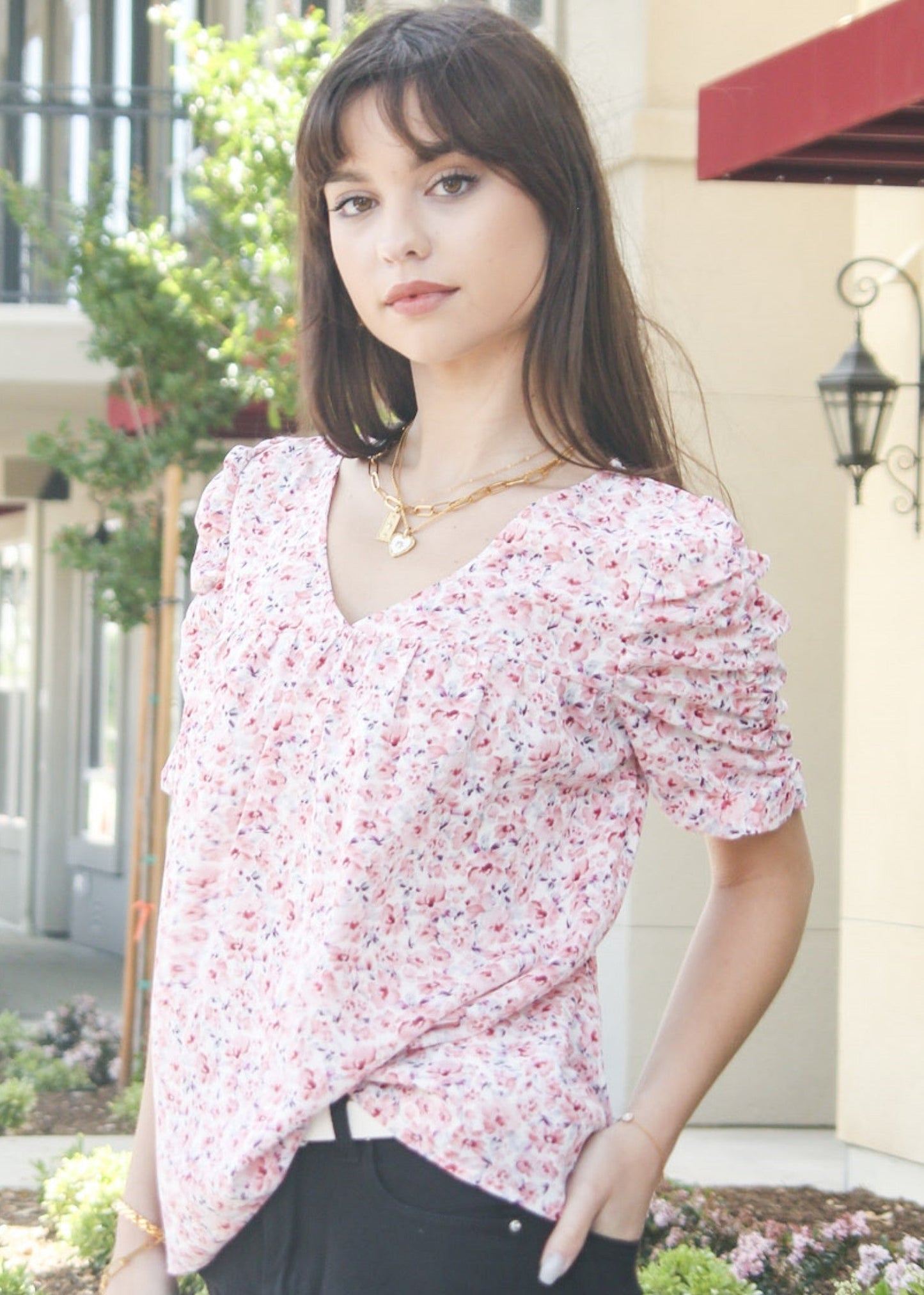 V Neck Ruched Sleeve Shirt