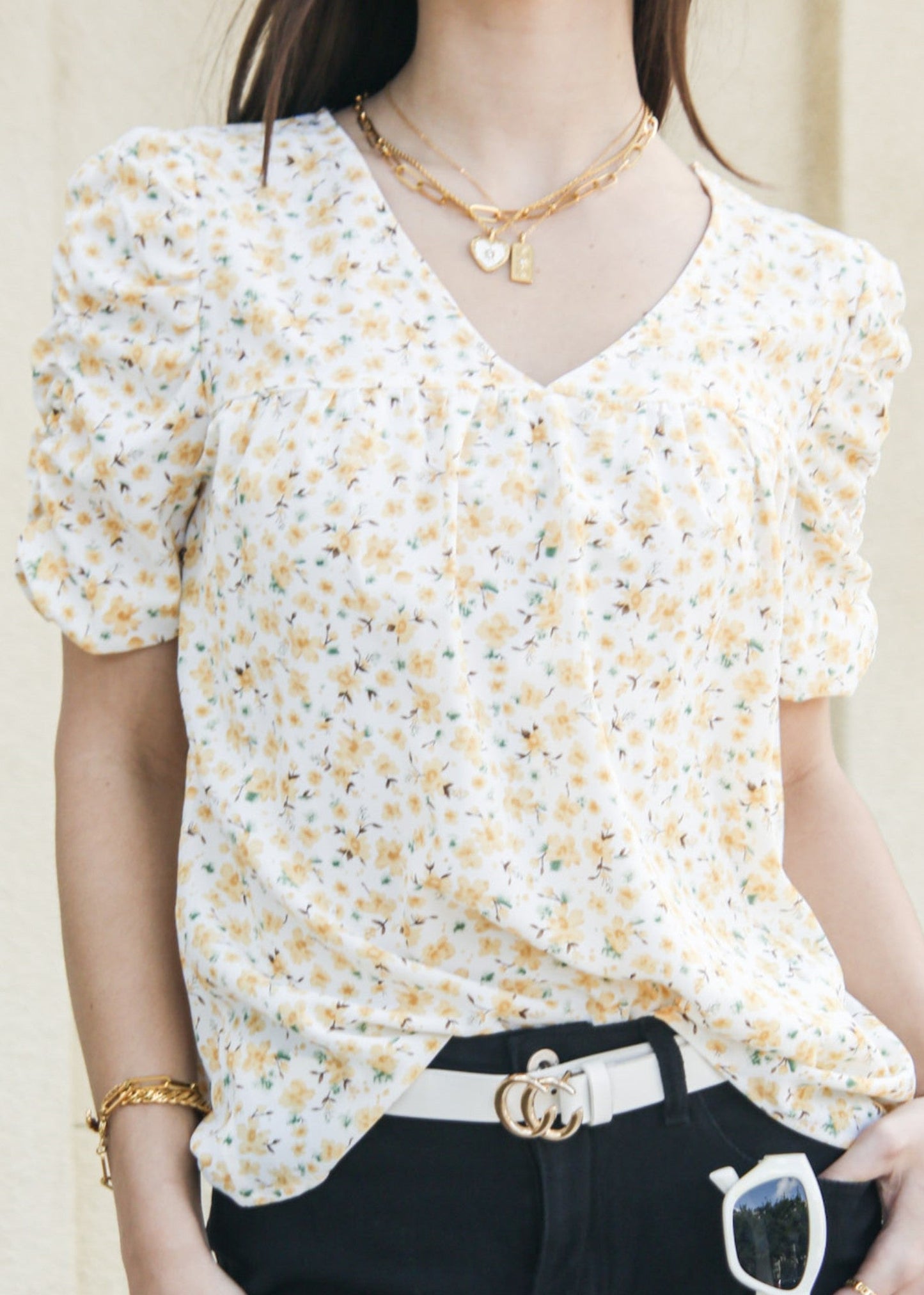 V Neck Ruched Sleeve Shirt