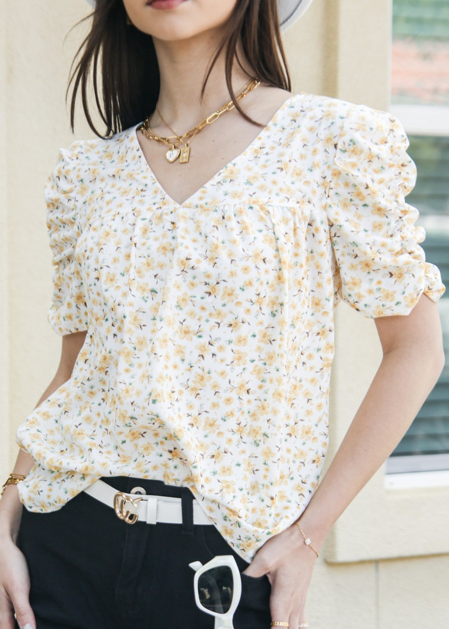 V Neck Ruched Sleeve Shirt