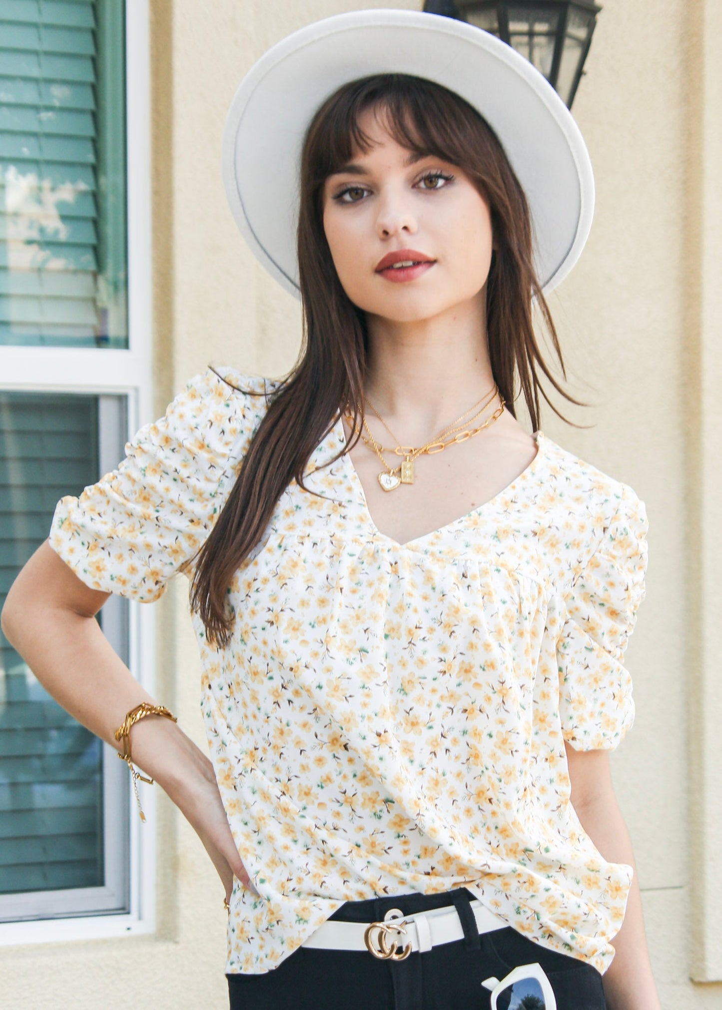 V Neck Ruched Sleeve Shirt
