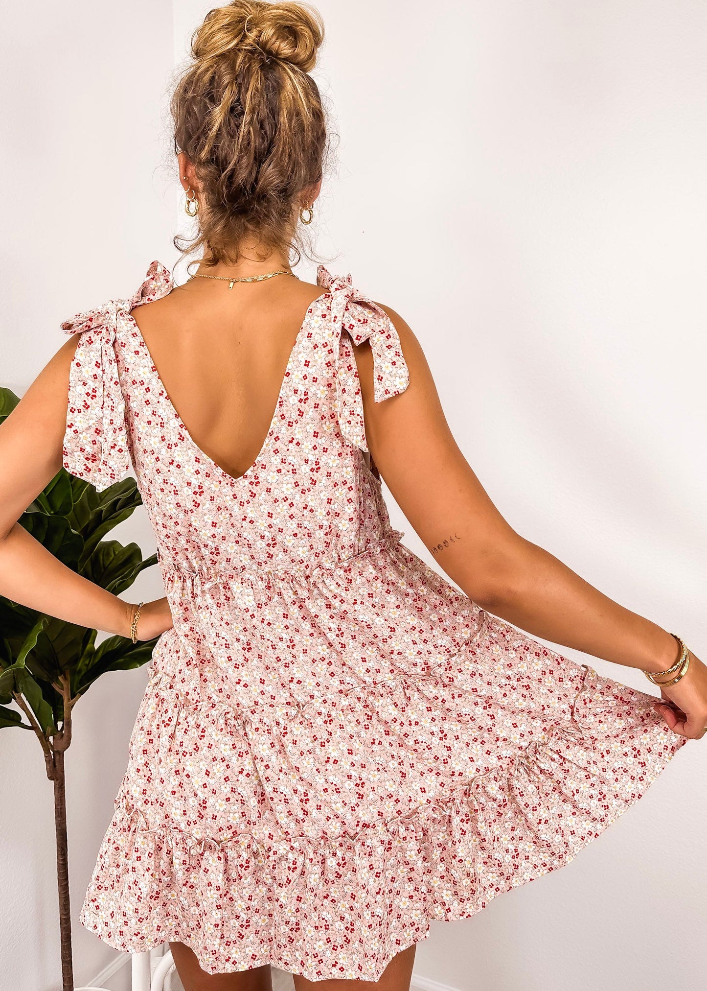 Tie Shoulder Floral Ruffle Tiered Dress
