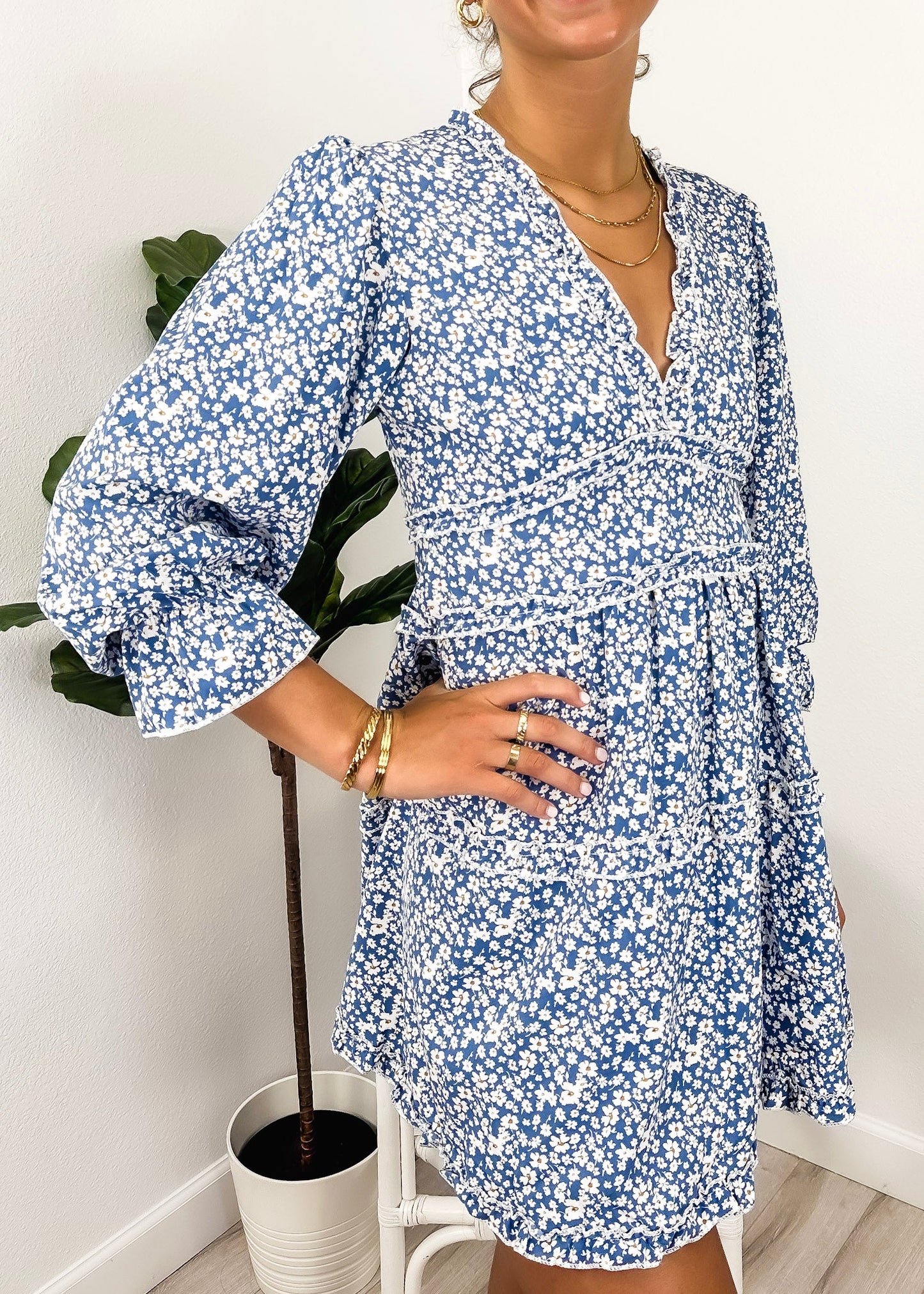 Ruffle Plunge Neck Floral Dress