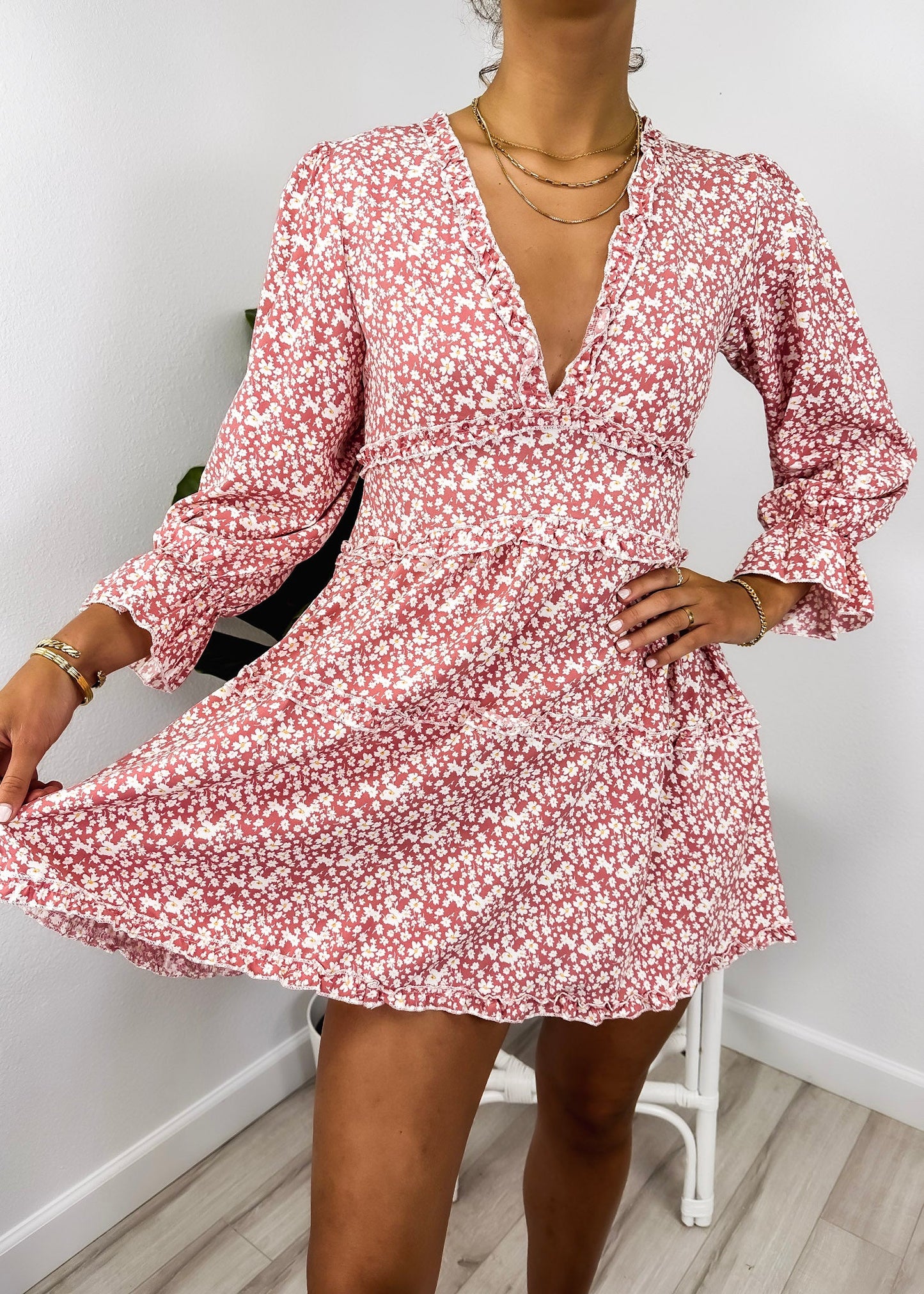 Ruffle Plunge Neck Floral Dress