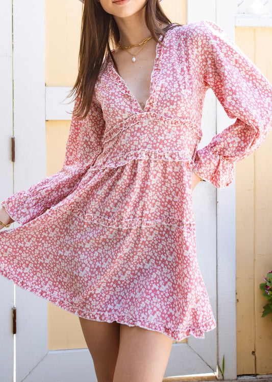 Ruffle Plunge Neck Floral Dress