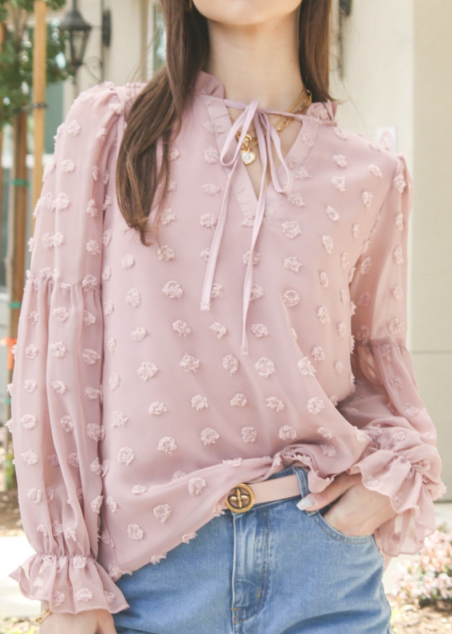 Tie V Neck Balloon Sleeve Blouse