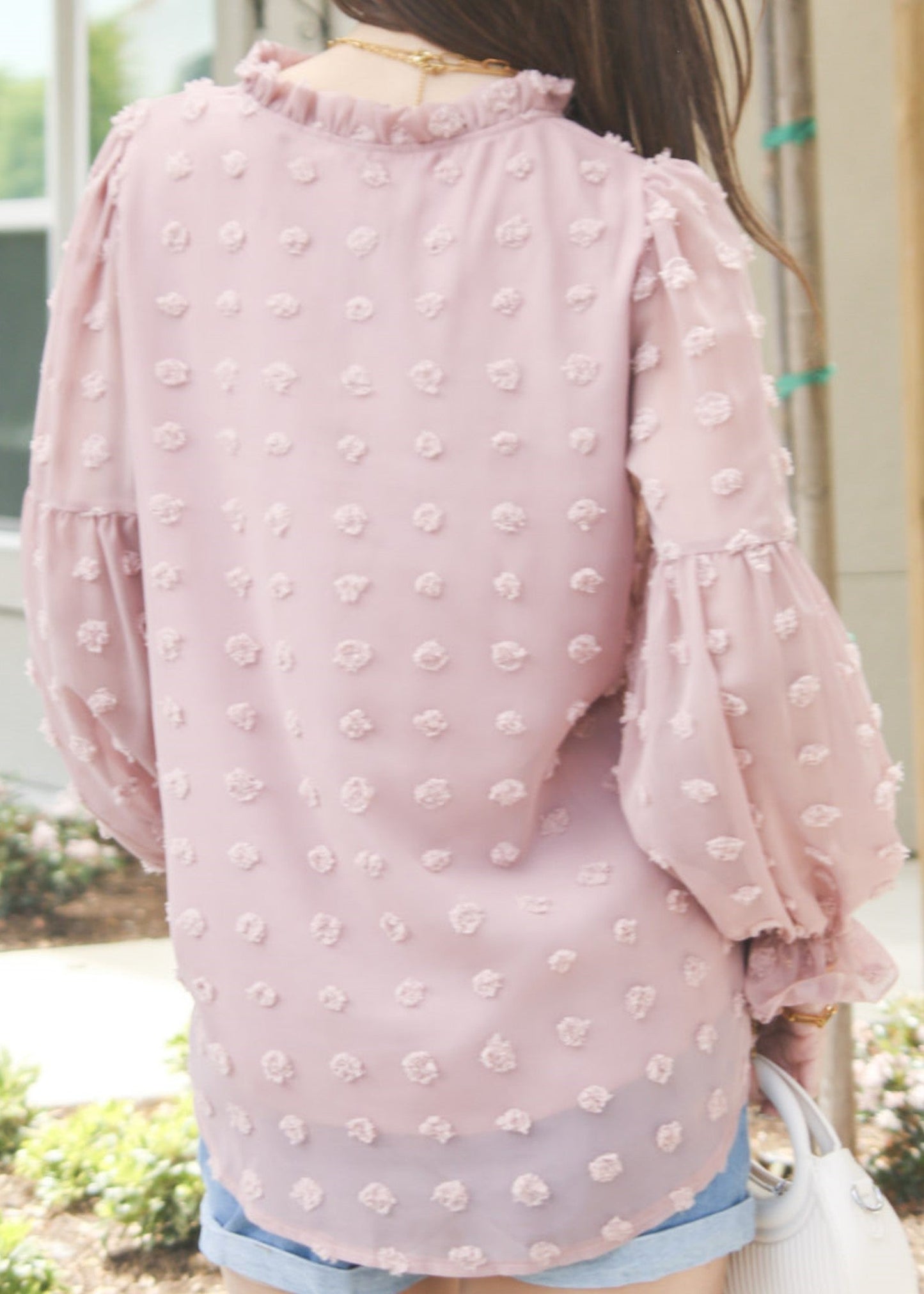 Tie V Neck Balloon Sleeve Blouse