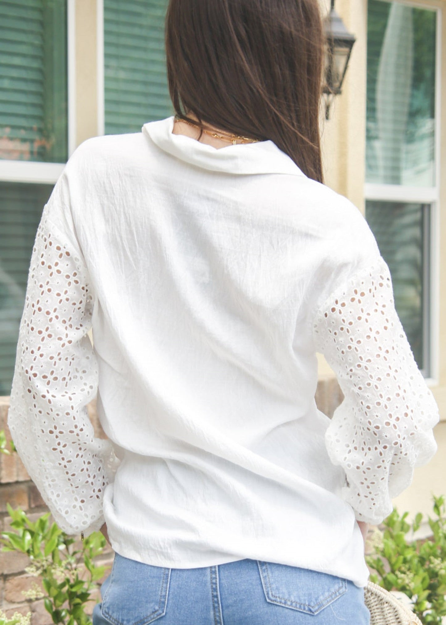 Eyelet Balloon Sleeve Polo Shirt