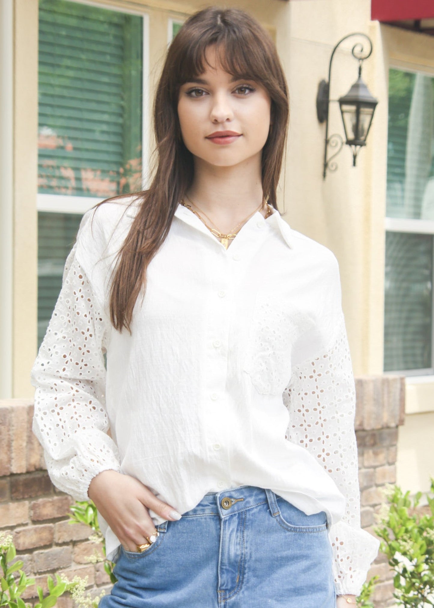 Eyelet Balloon Sleeve Polo Shirt