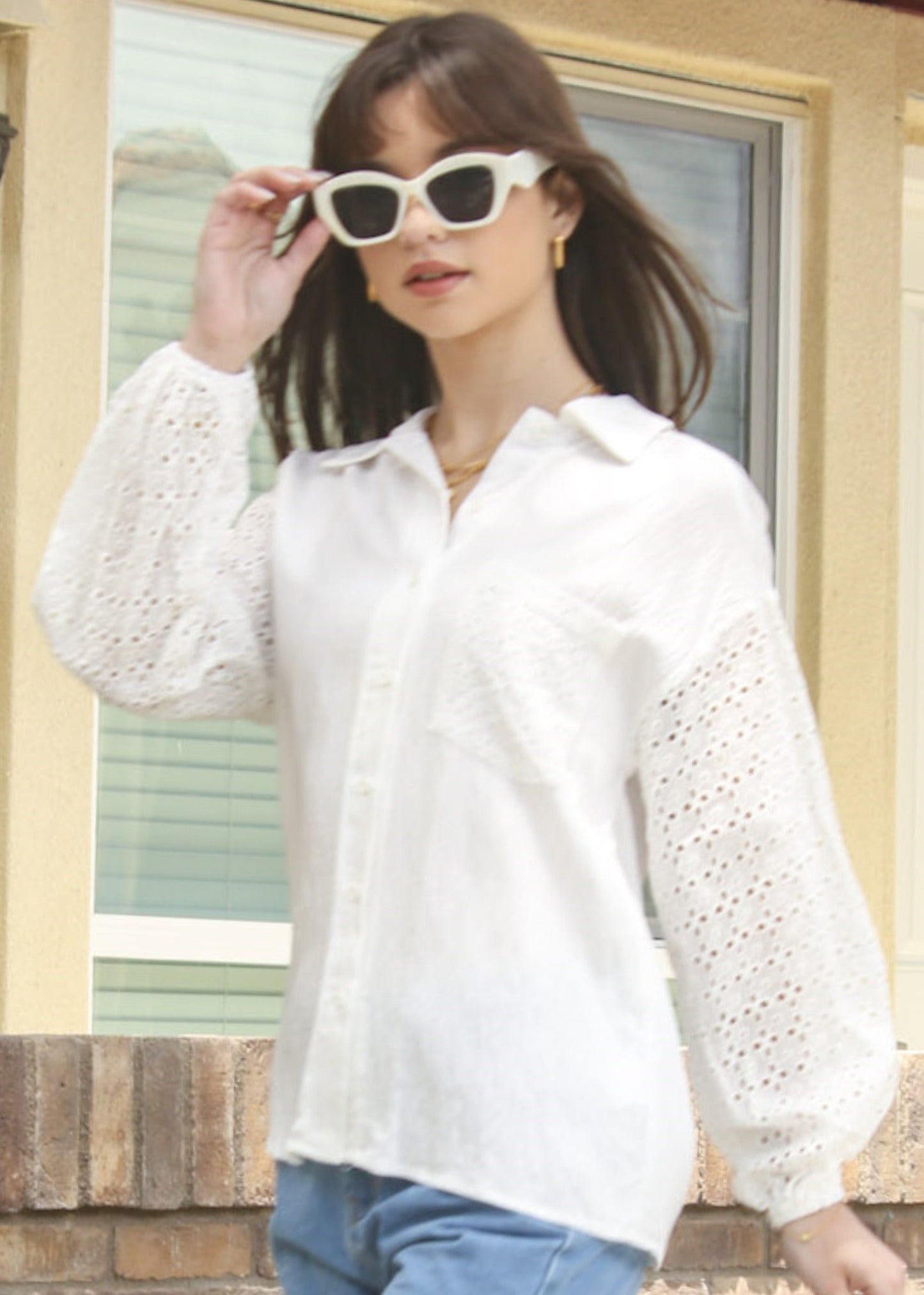 Eyelet Balloon Sleeve Polo Shirt