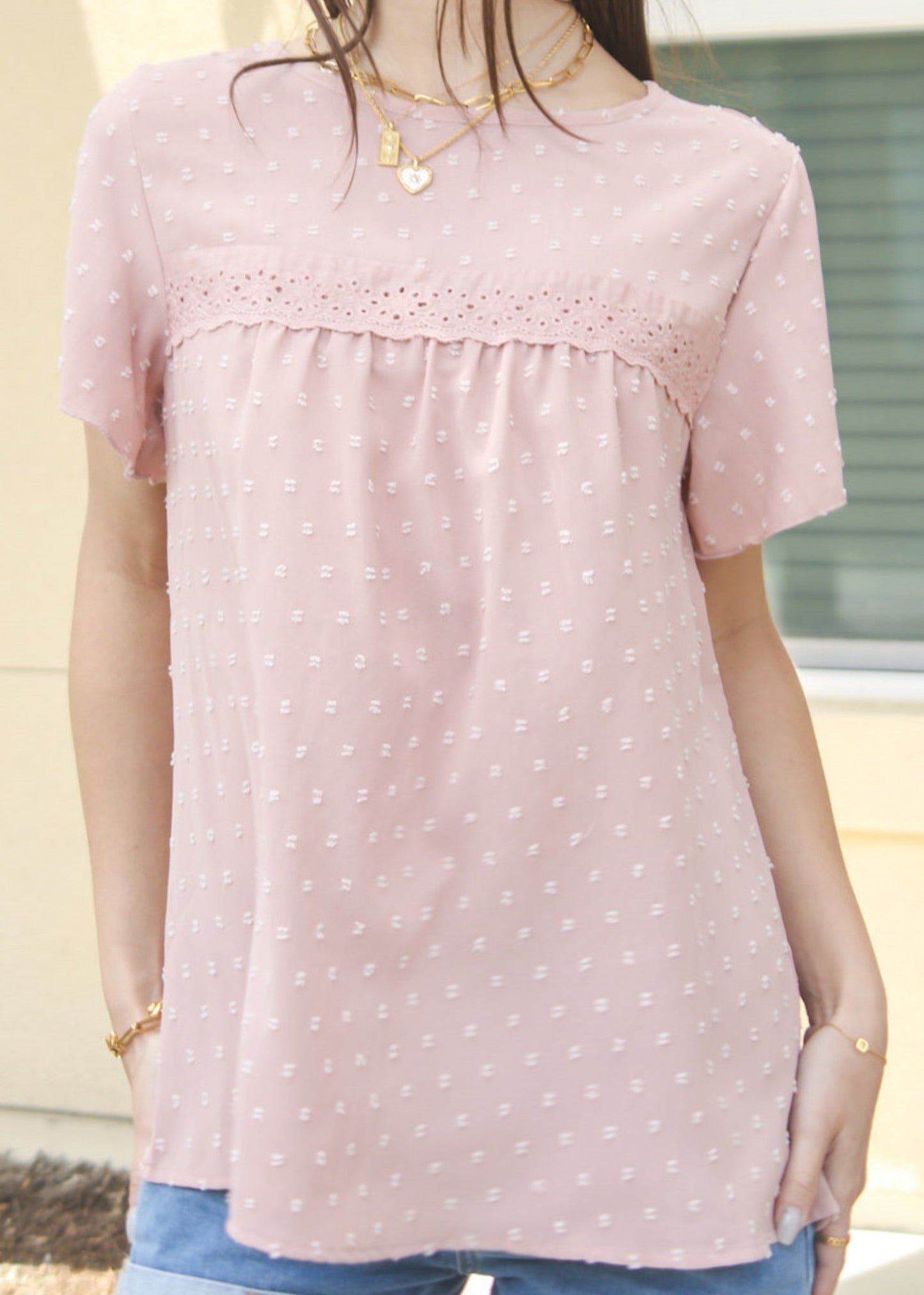 Eyelet Detail Swiss Dot Blouse