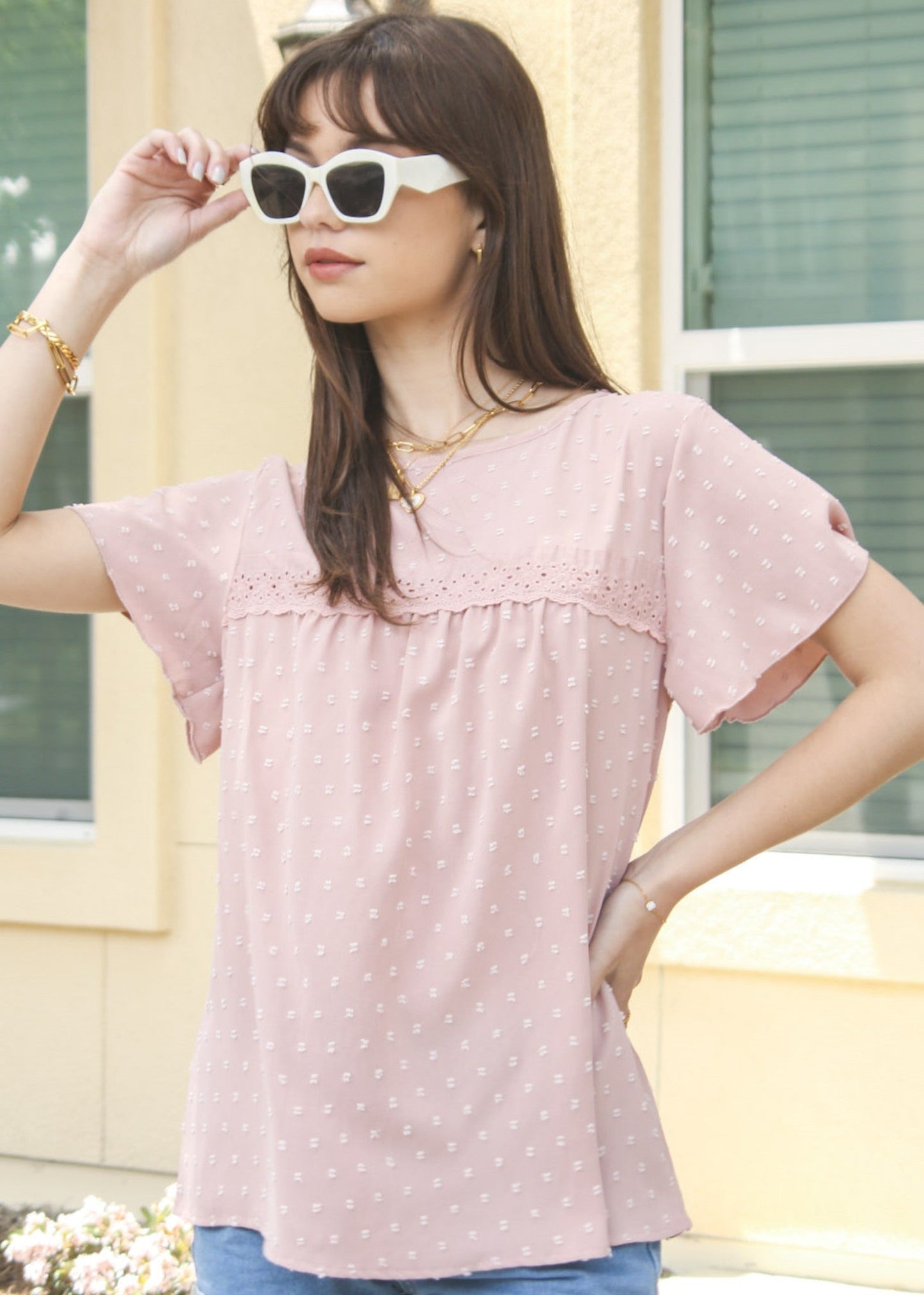Eyelet Detail Swiss Dot Blouse