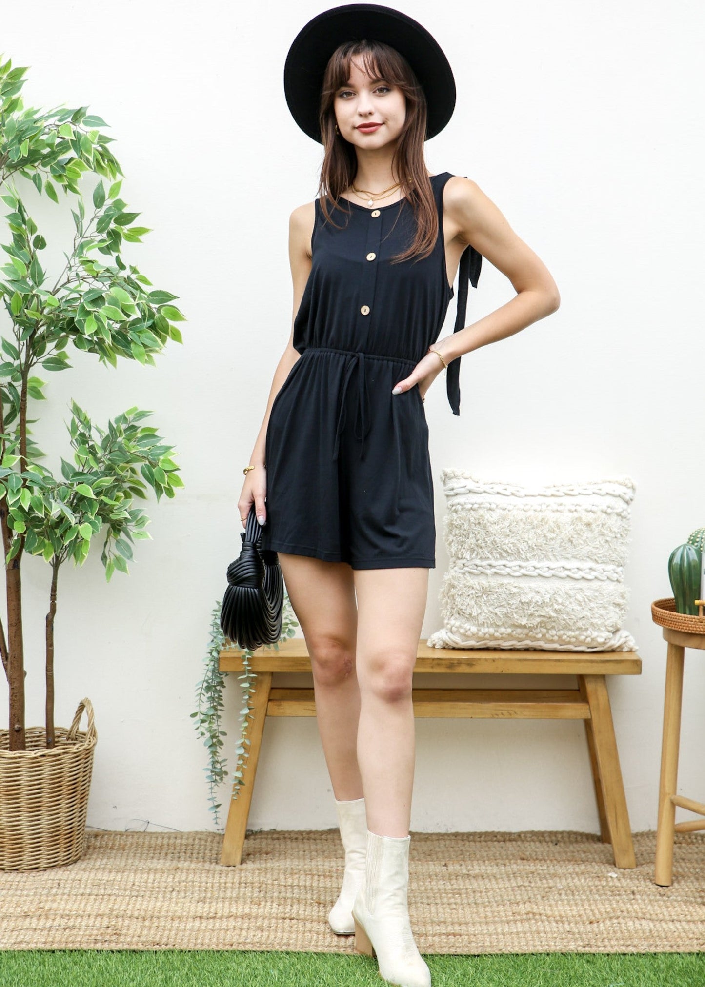 Tie-Shoulder Button Front Romper