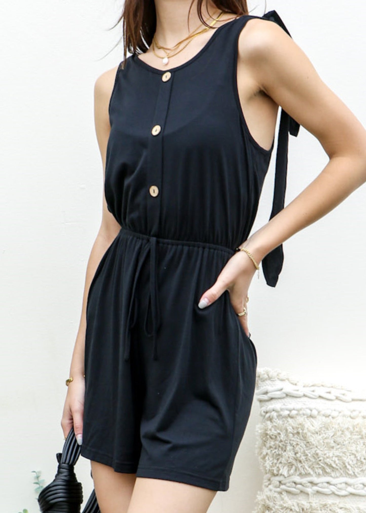 Tie-Shoulder Button Front Romper