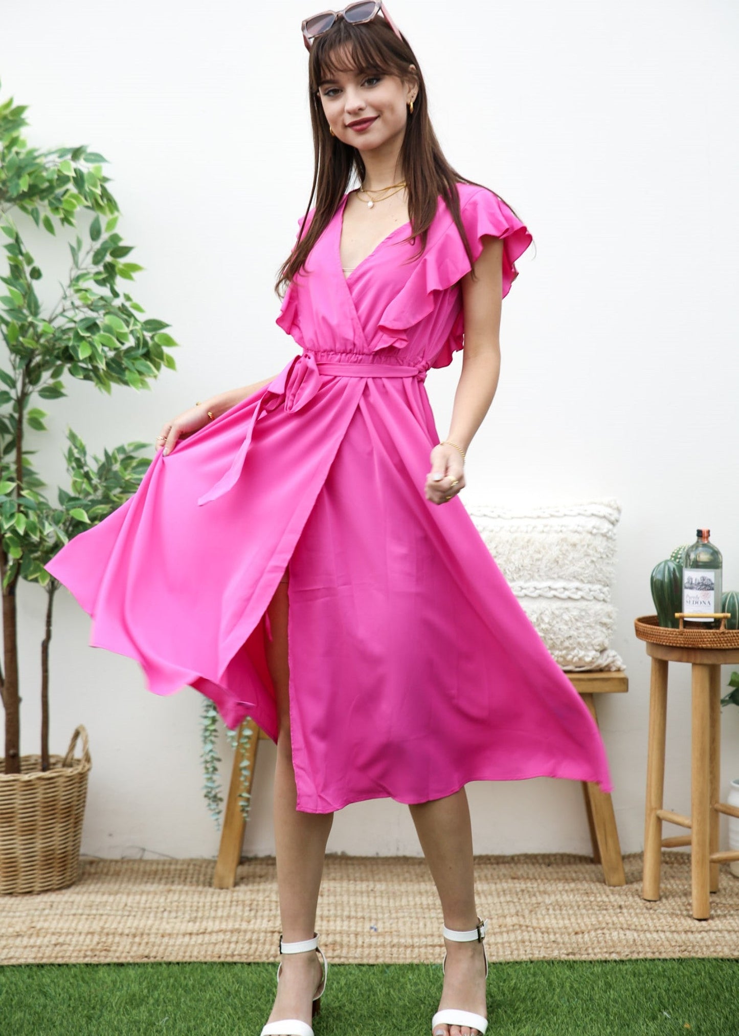 Ruffle Detail Slit Midi Dress