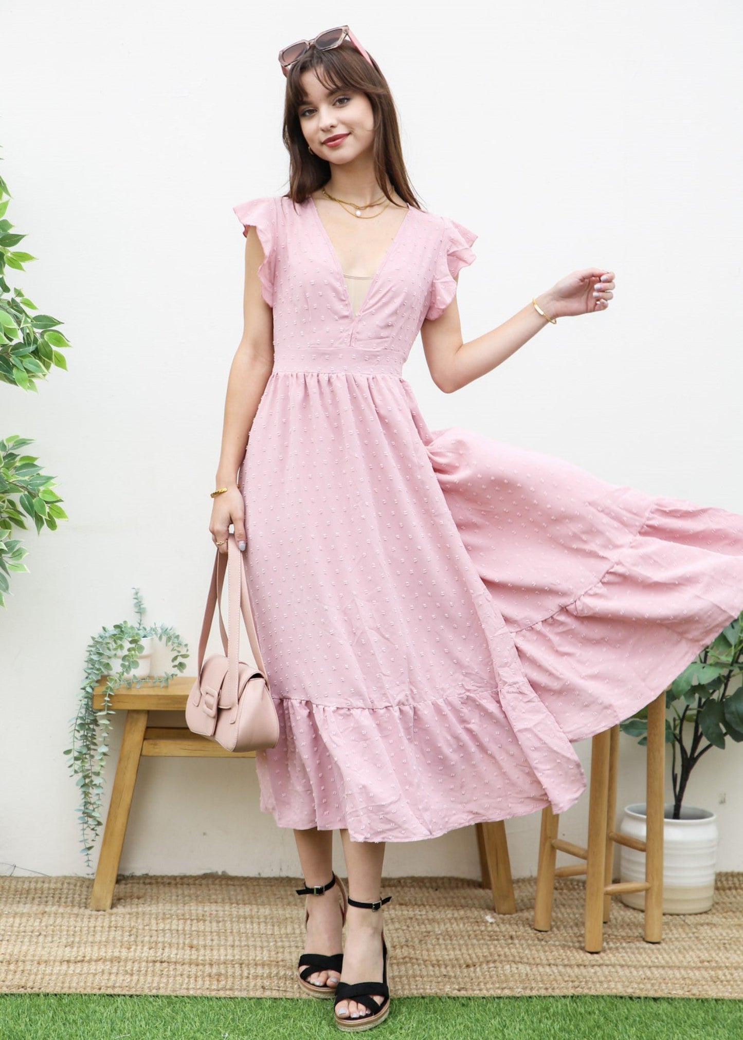 Swiss Dot Plunge Neck Dress
