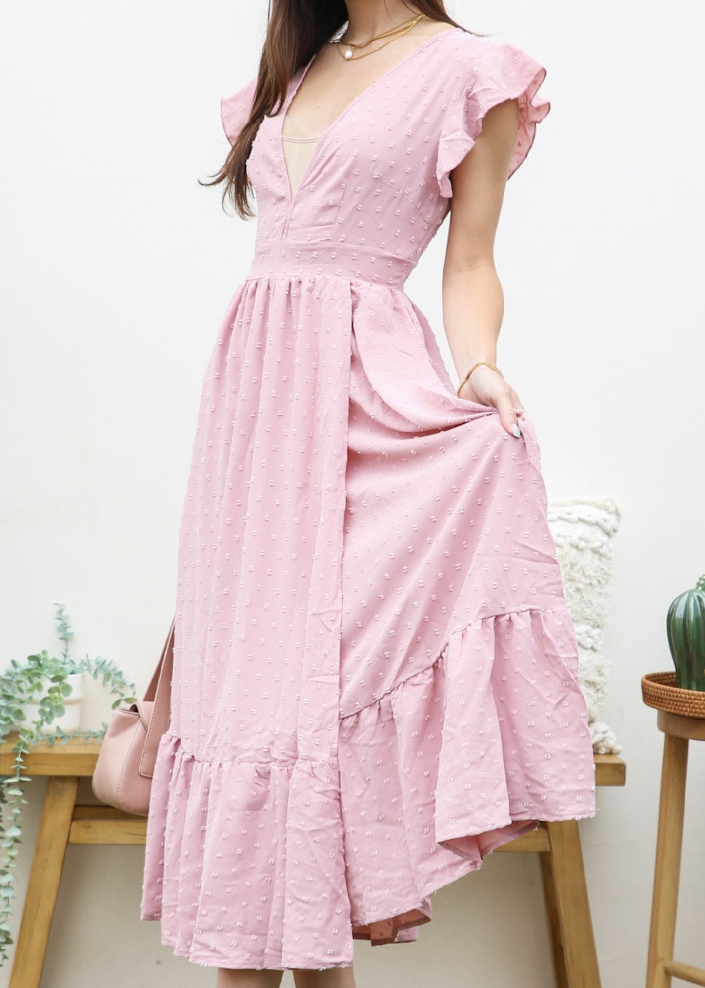 Swiss Dot Plunge Neck Dress