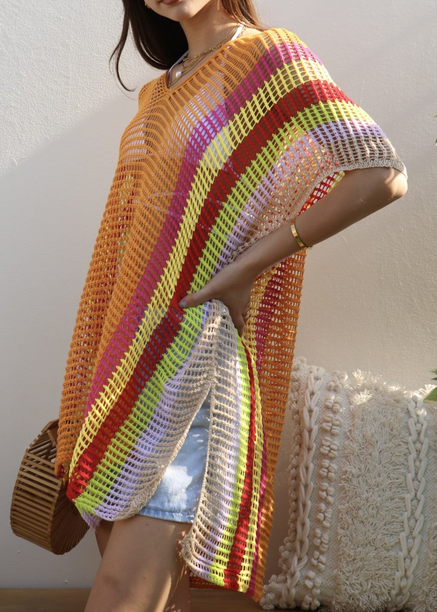 Multicolor Striped Side Knit Cover-Up