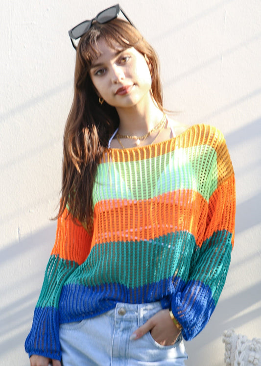 Multicolor Striped Crochet Sweater