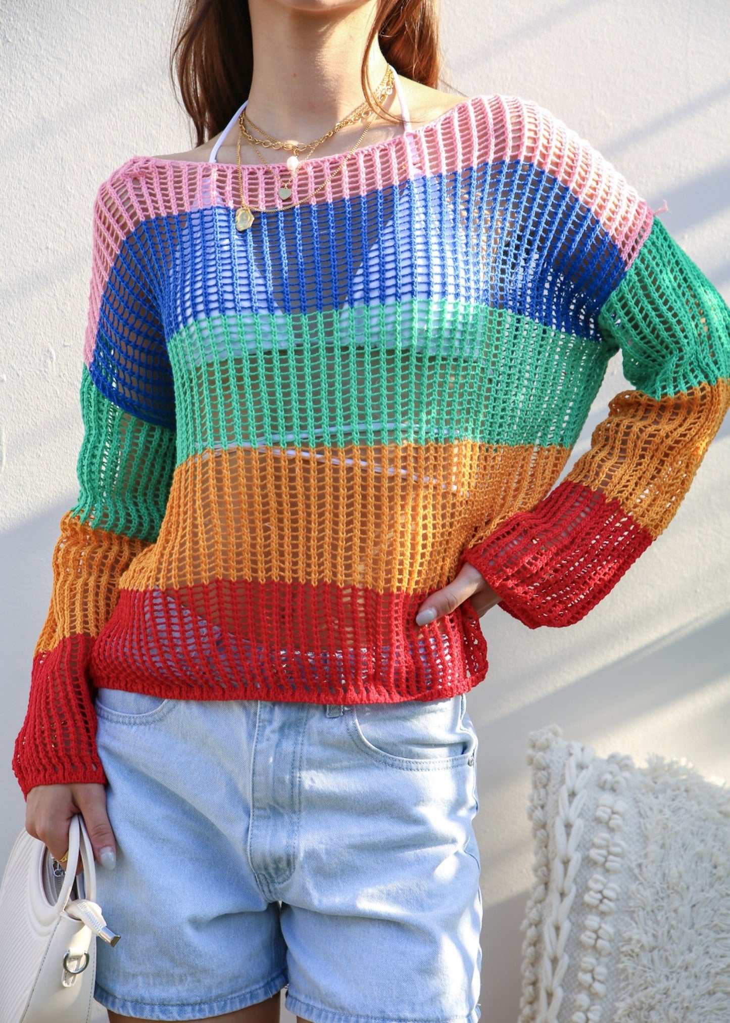 Multicolor Striped Crochet Sweater