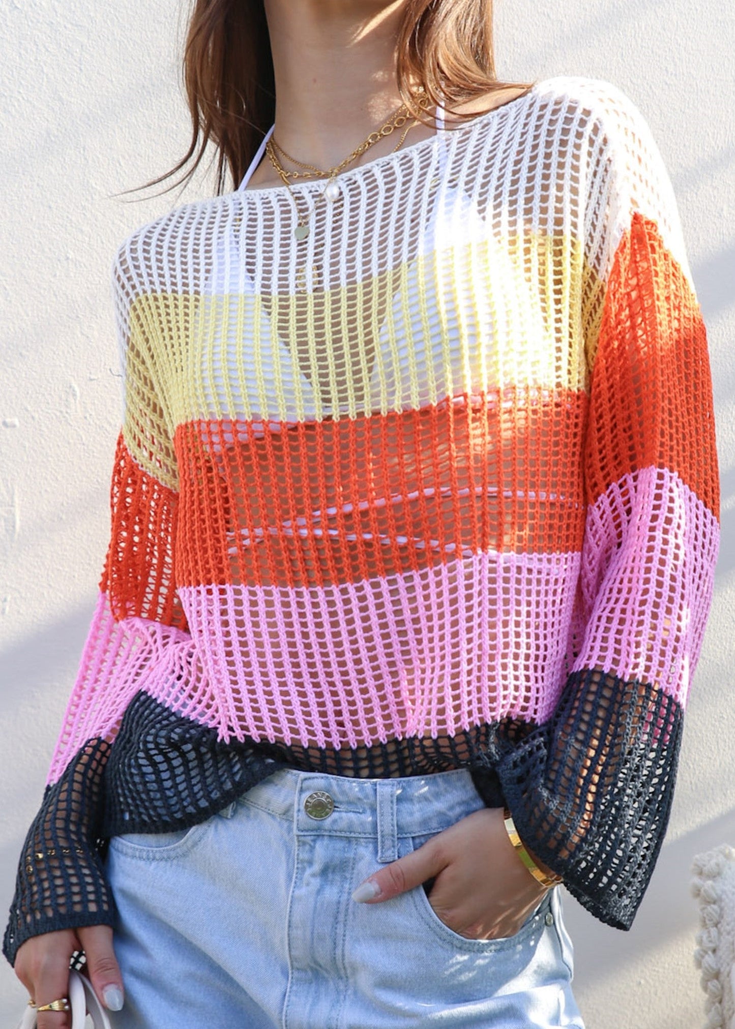 Multicolor Striped Crochet Sweater