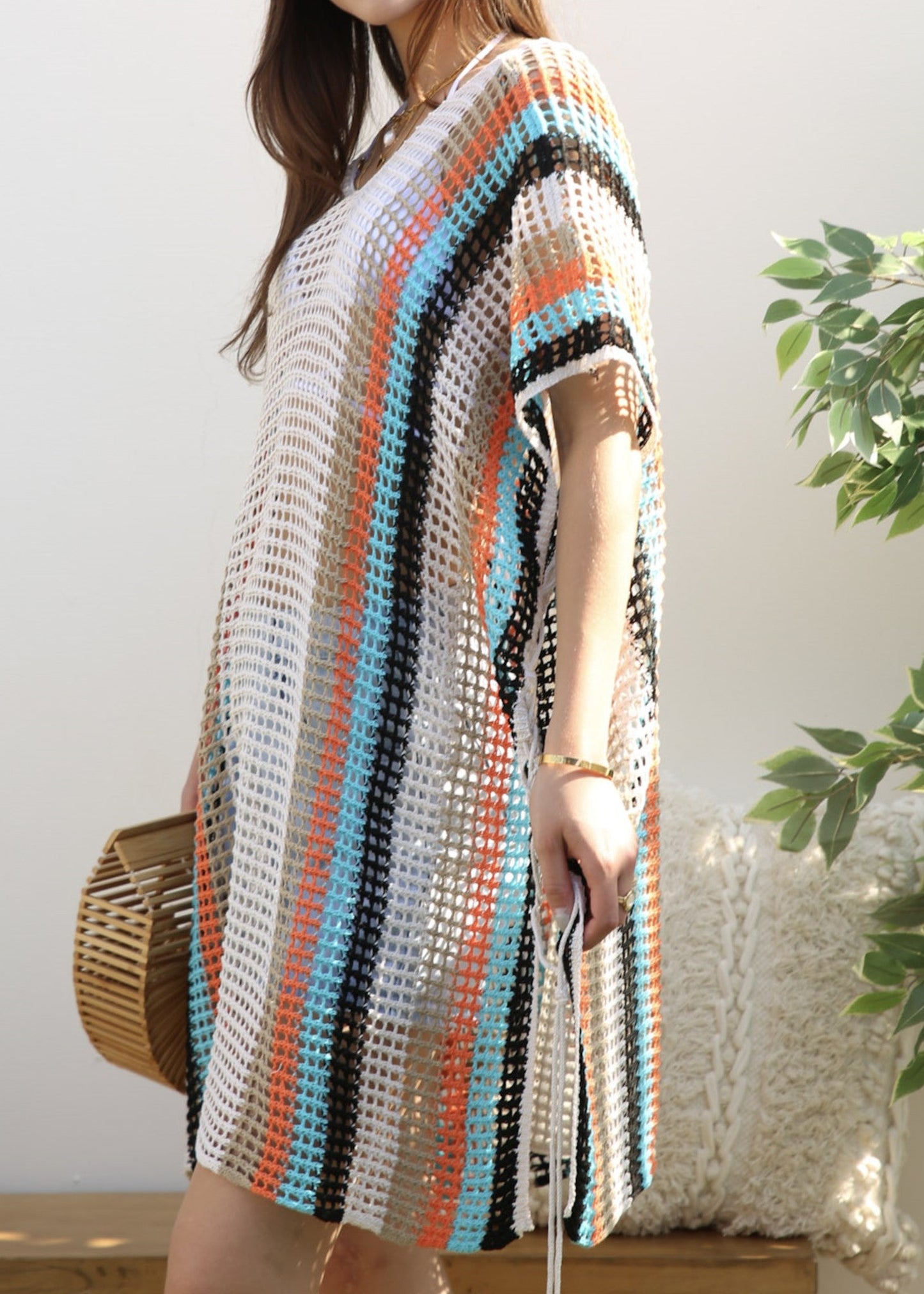 Tassel Side Tie Striped Cover-Up