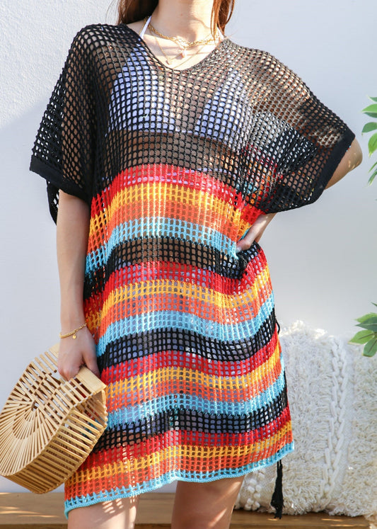 Multicolor Striped Asymmetrical Hem Cover-Up