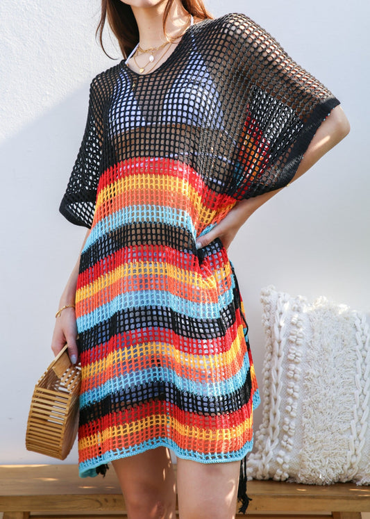 Multicolor Striped Asymmetrical Hem Cover-Up