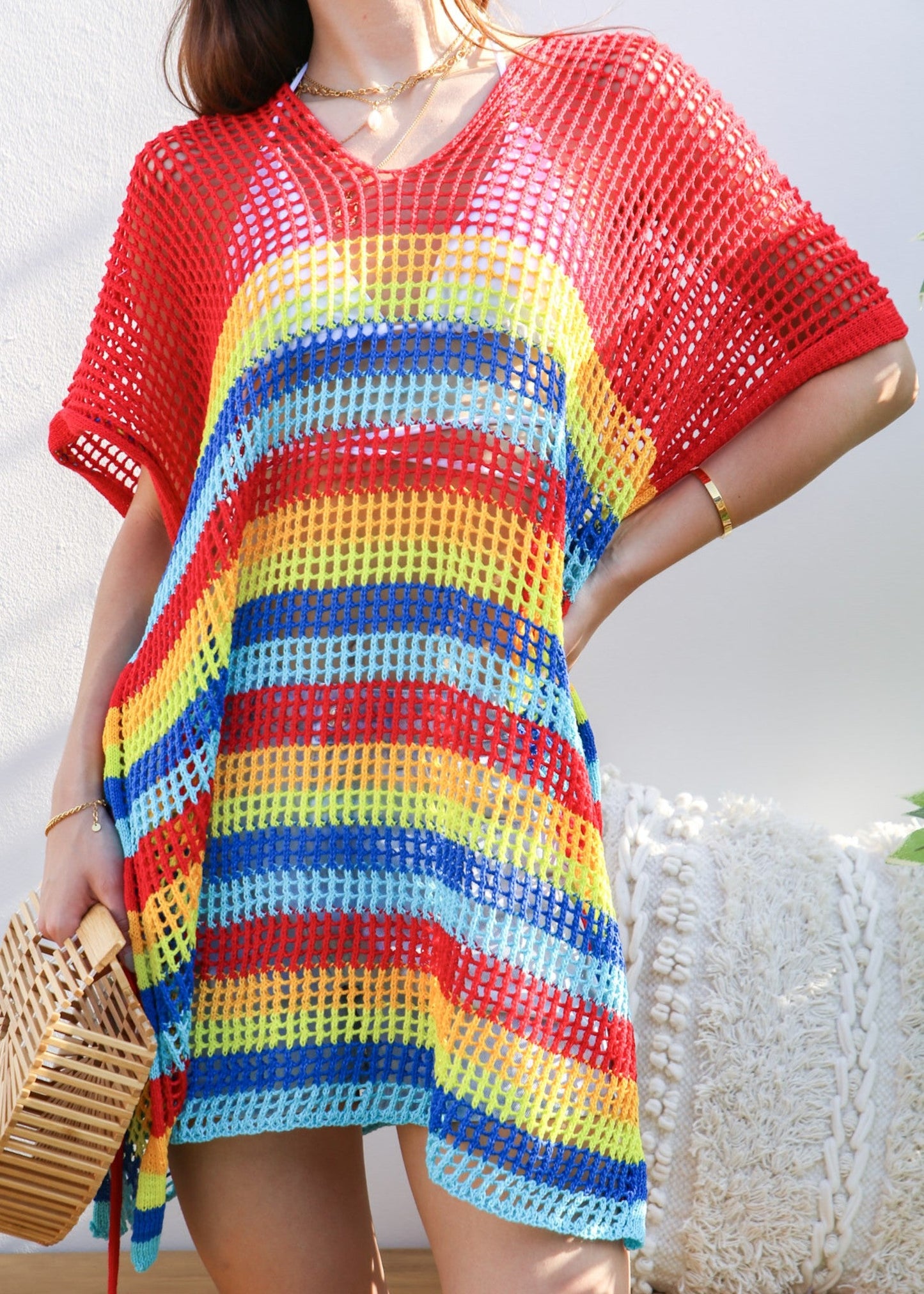 Multicolor Striped Asymmetrical Hem Cover-Up