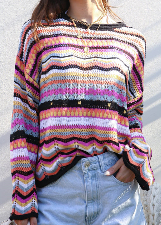 Multicolor Geometric Striped Sweater
