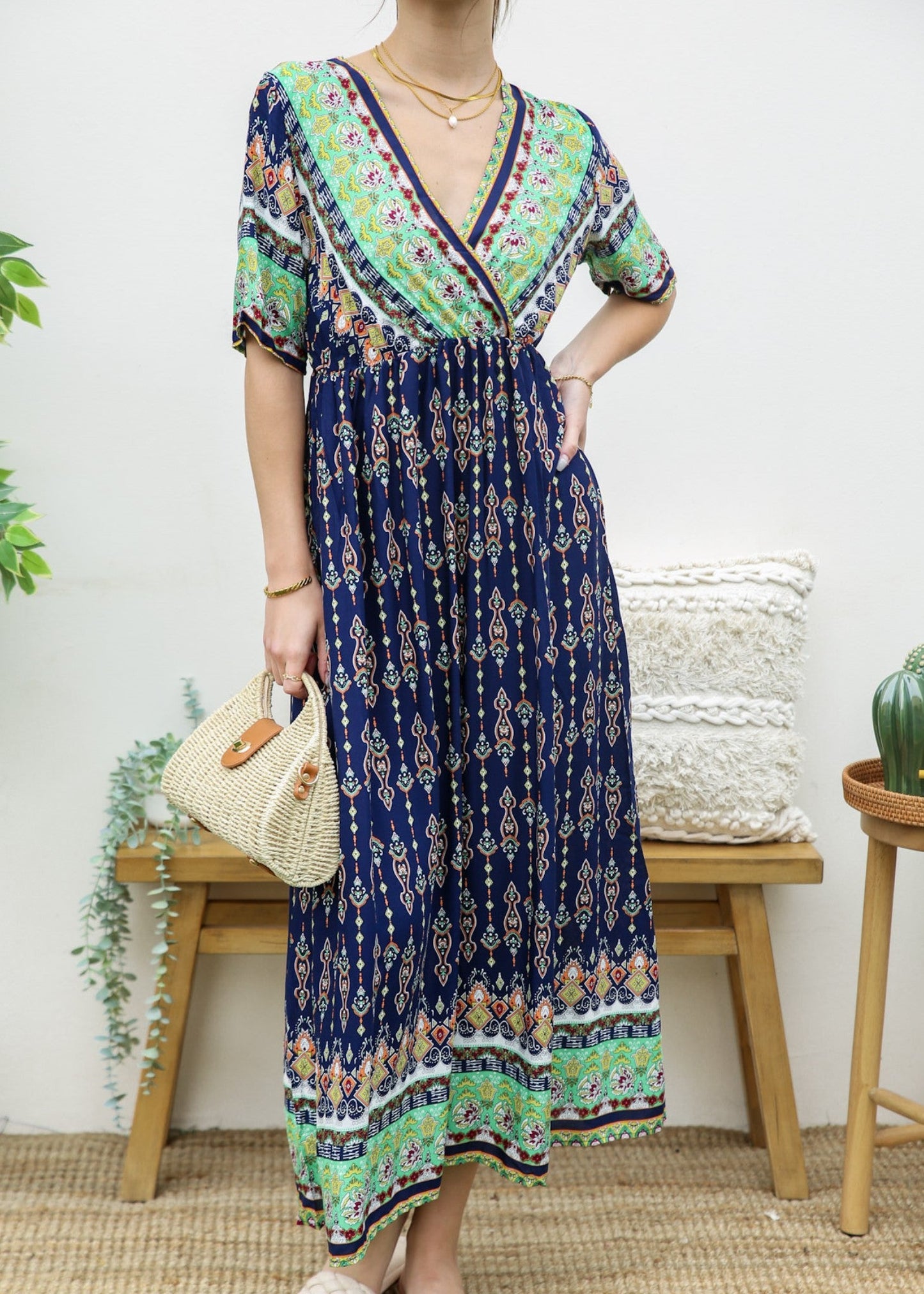 Surplice Neck Bohemian Maxi Dress