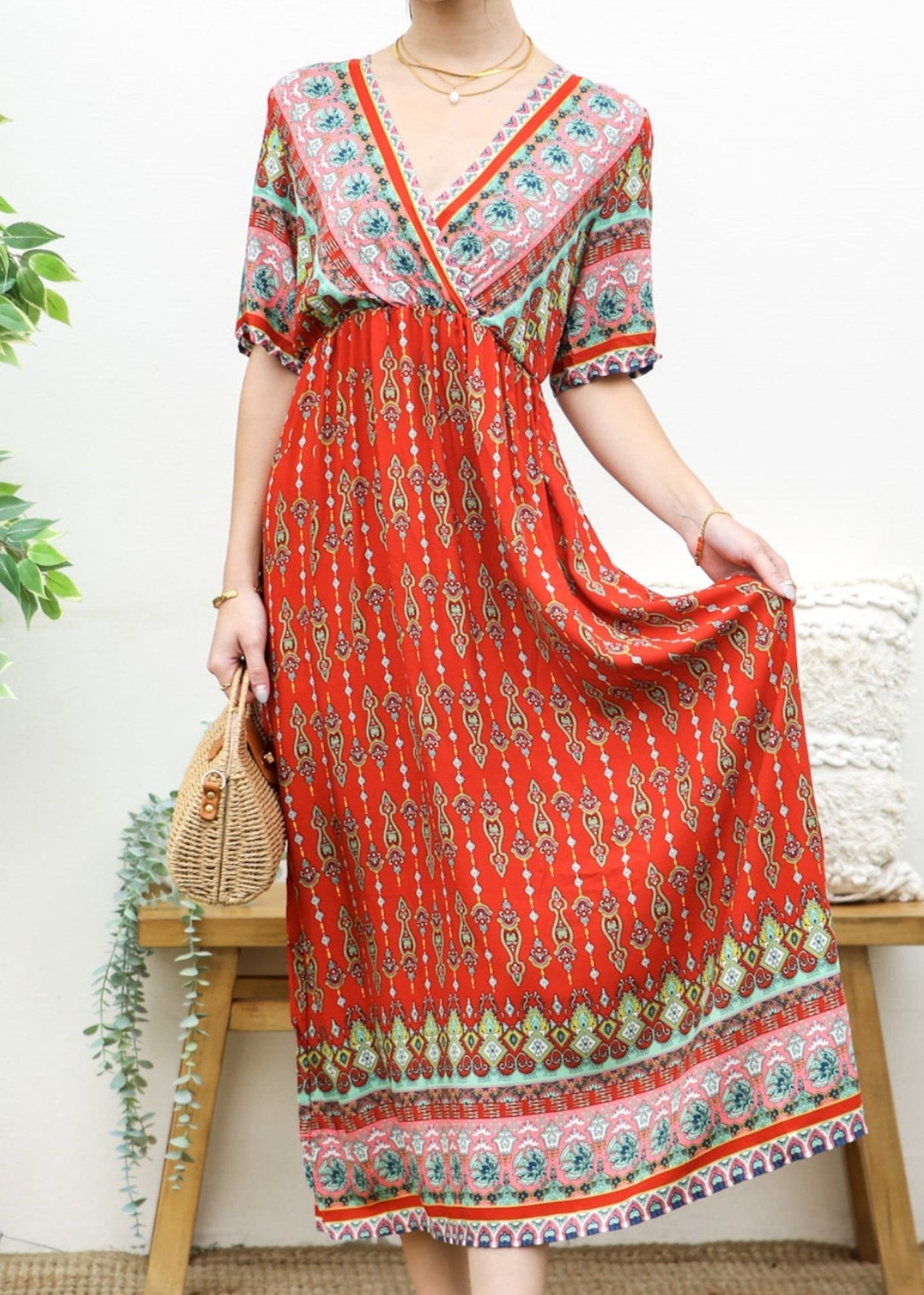 Surplice Neck Bohemian Maxi Dress