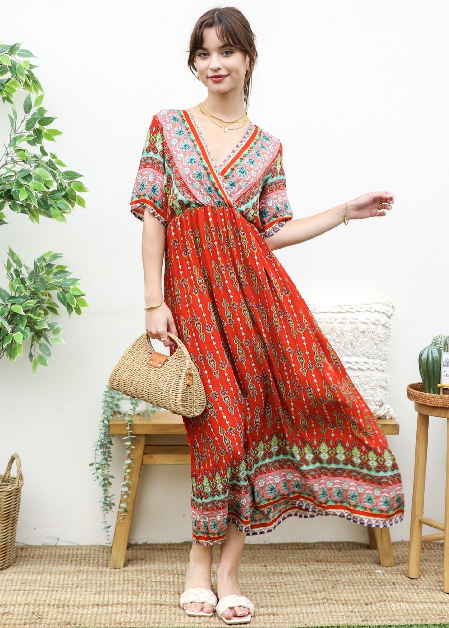 Surplice Neck Bohemian Maxi Dress