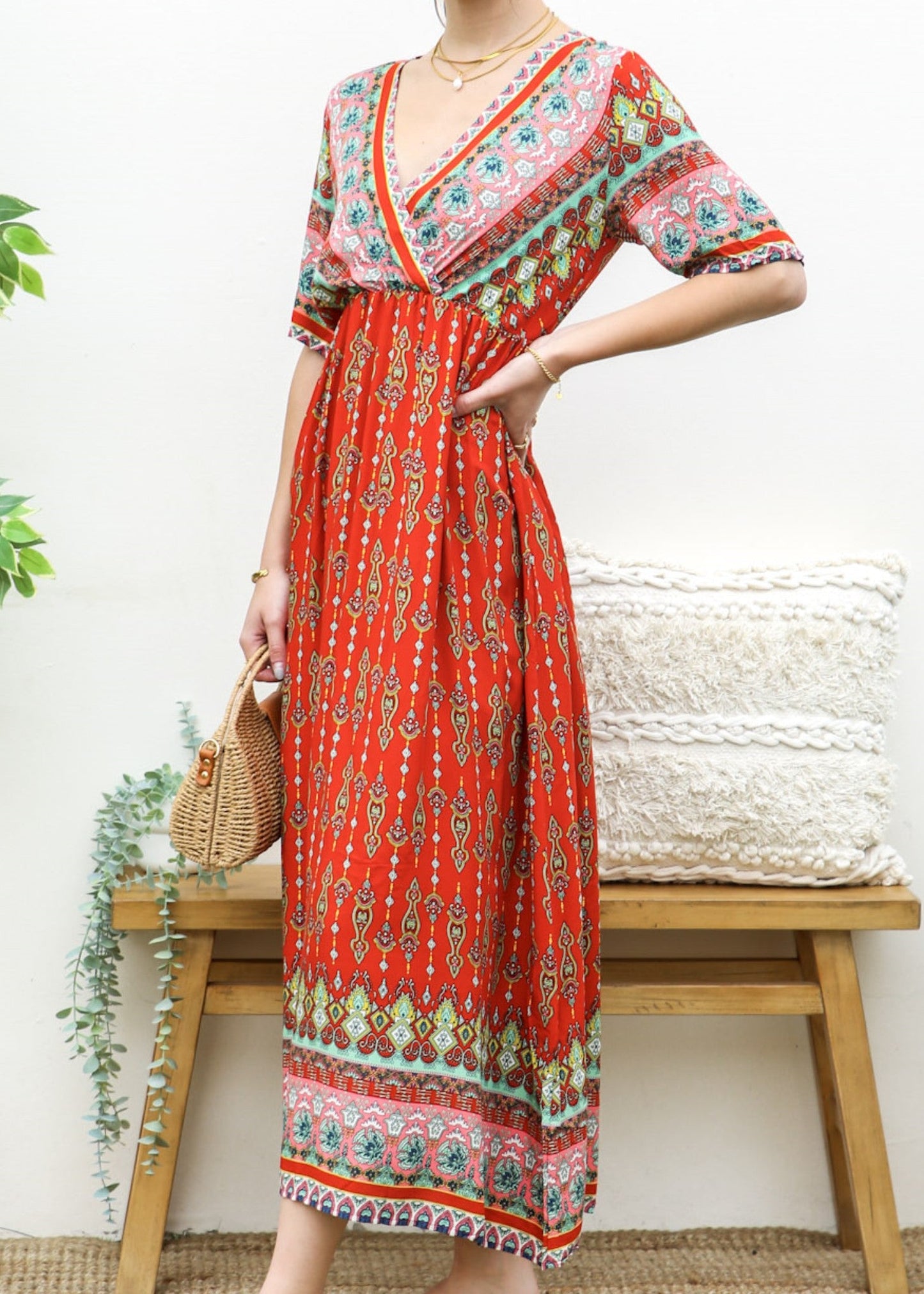 Surplice Neck Bohemian Maxi Dress