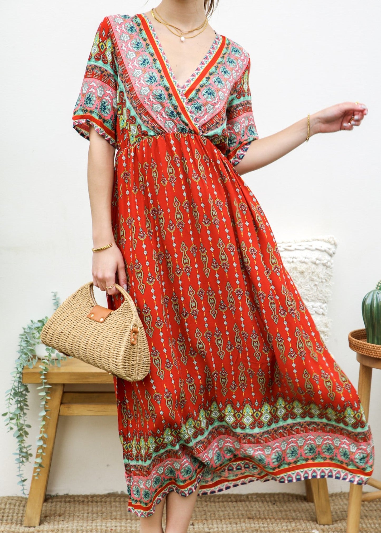 Surplice Neck Bohemian Maxi Dress
