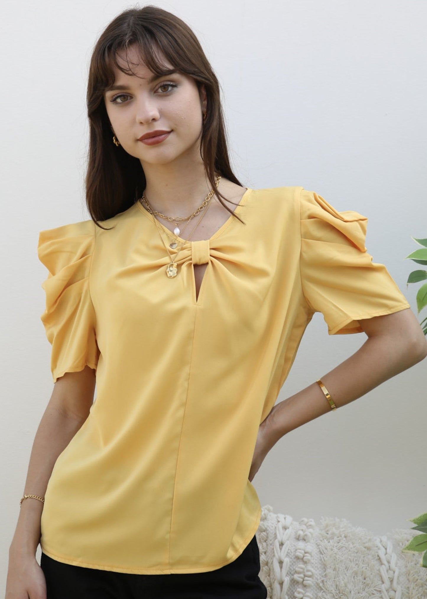 Ruched Detail Keyhole Front Blouse