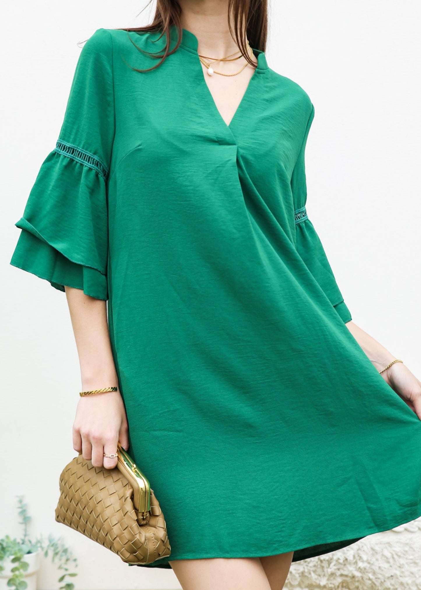 Pleated V Neck Straight Dress