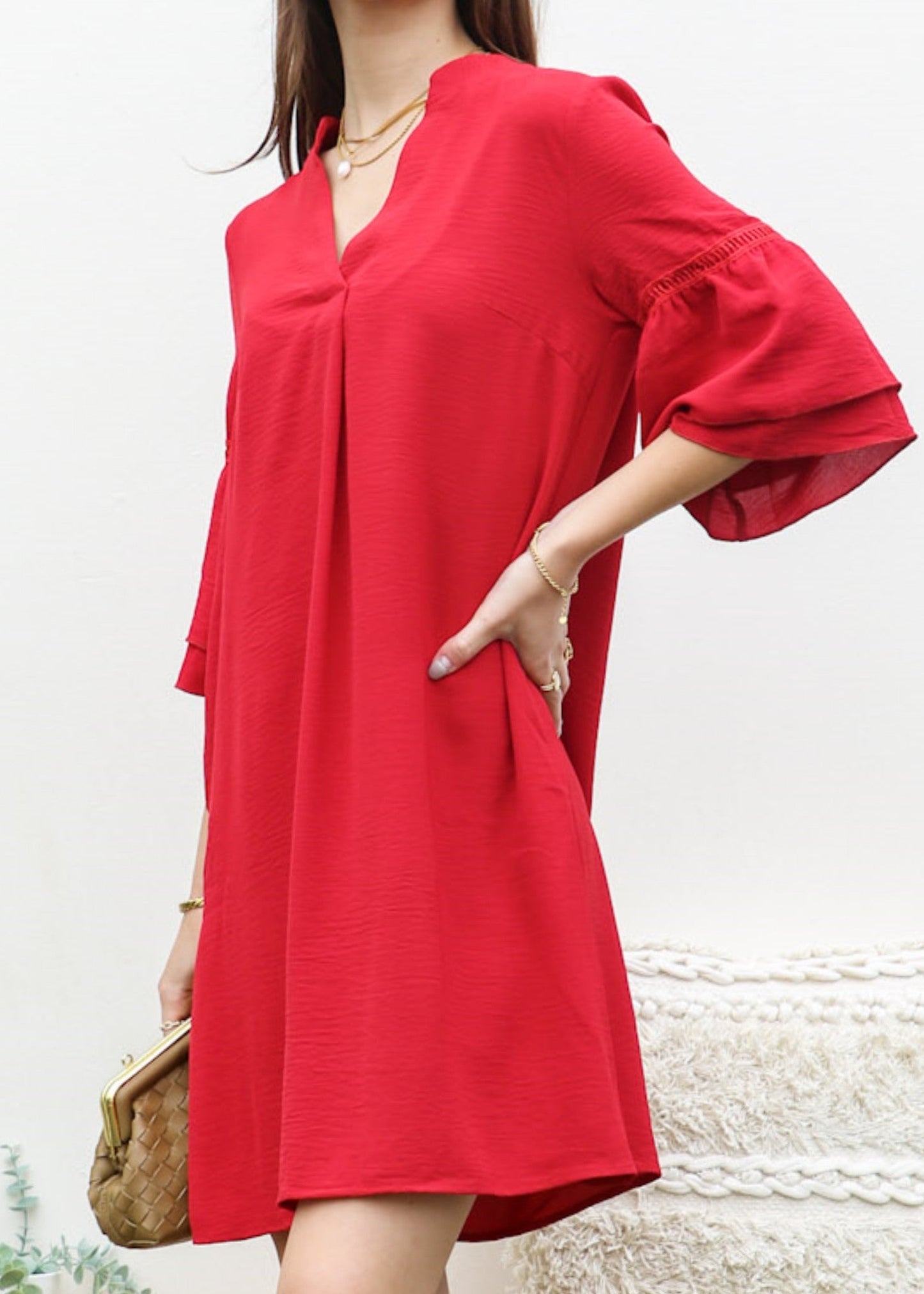 Pleated V Neck Straight Dress