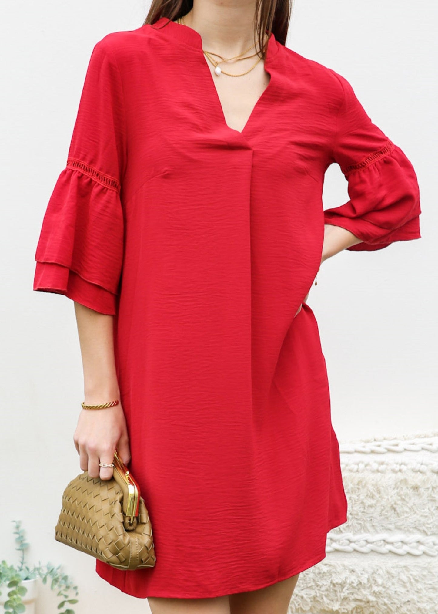 Pleated V Neck Straight Dress