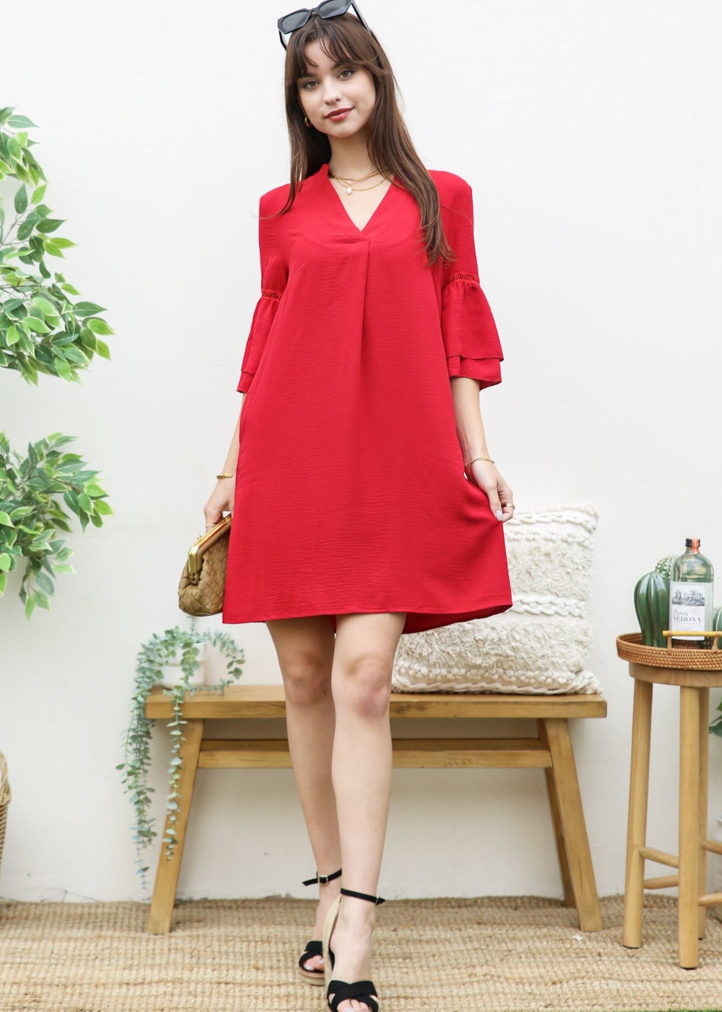Pleated V Neck Straight Dress