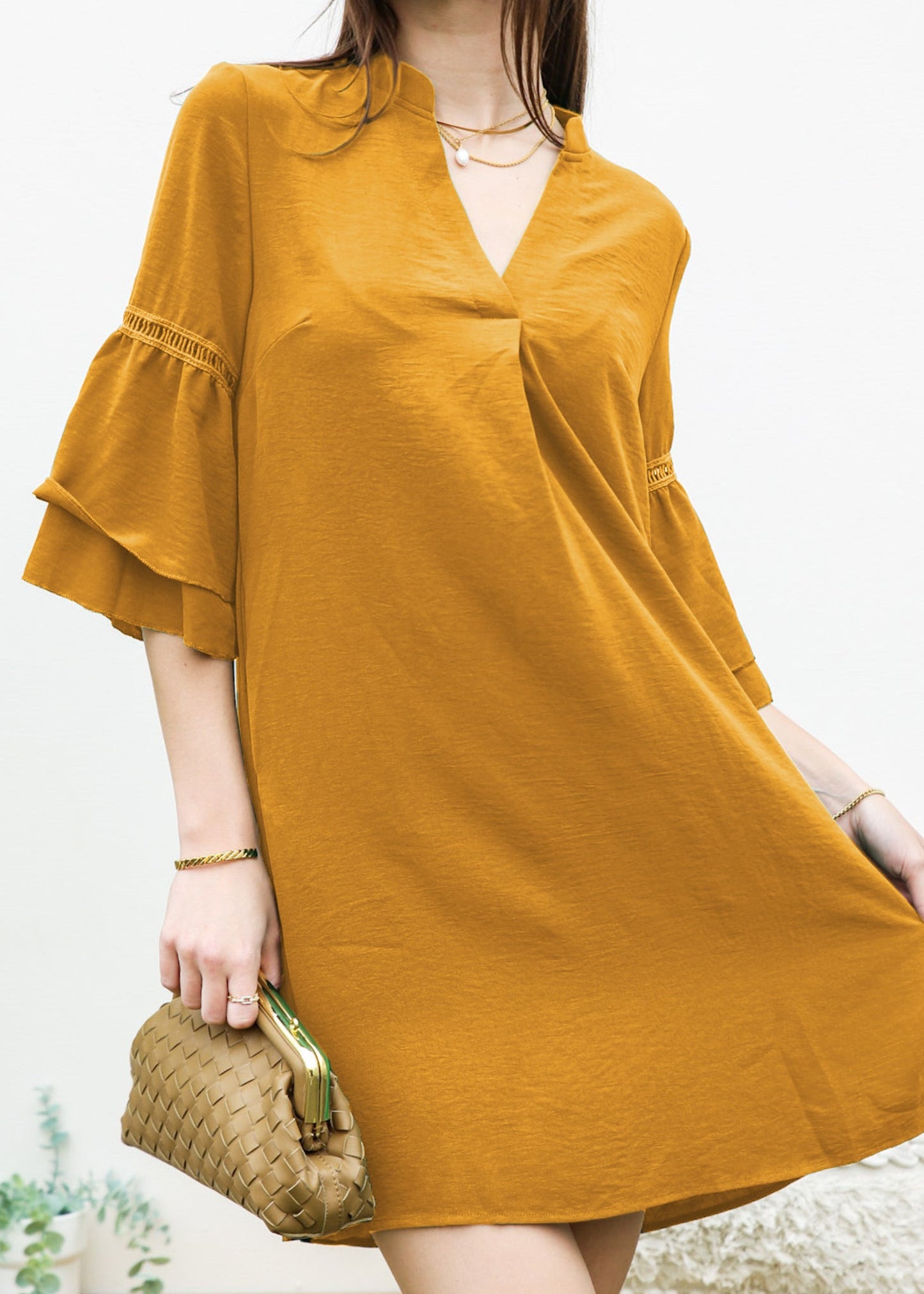 Pleated V Neck Straight Dress