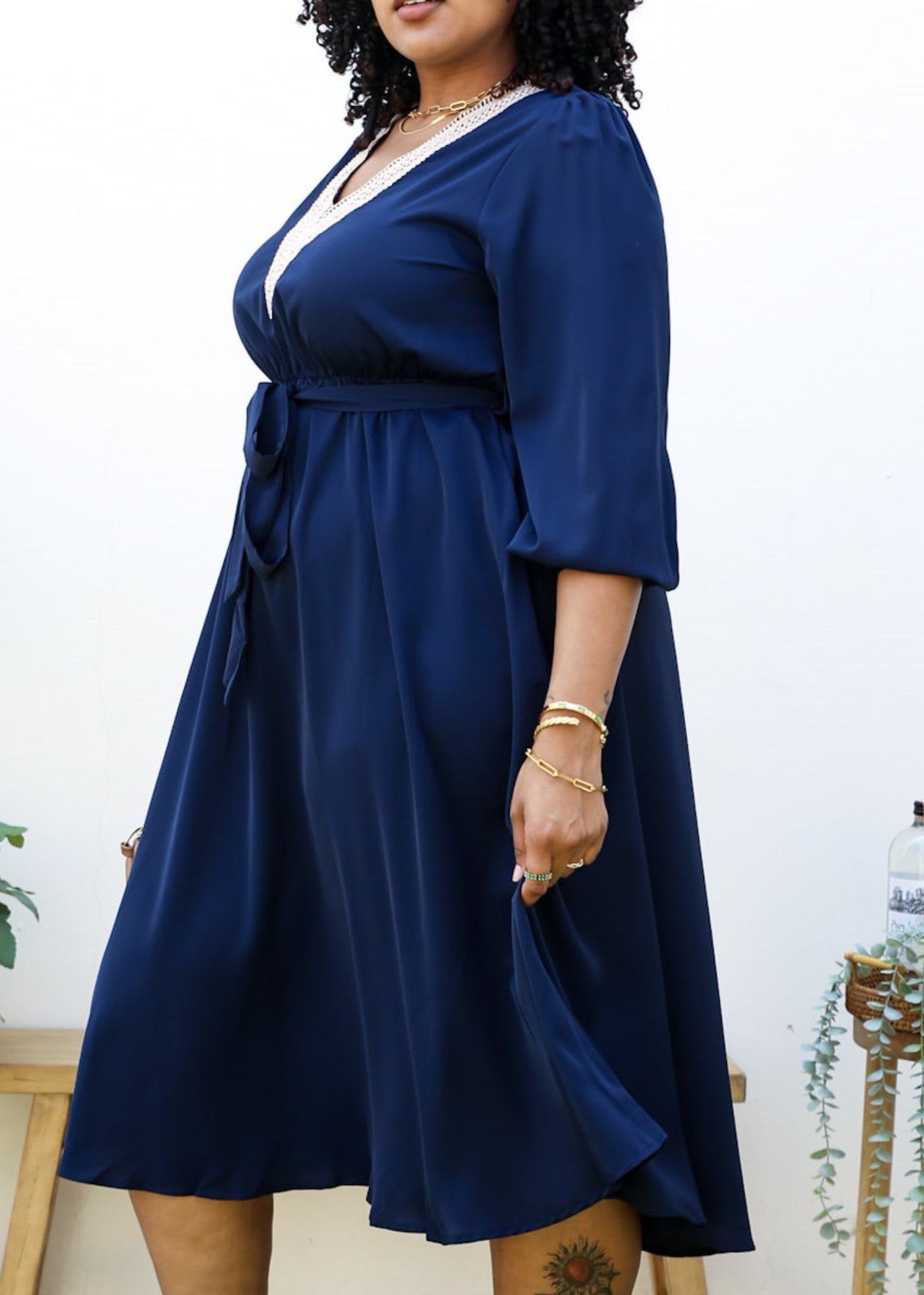 Plus Size Crochet V Neck Boho Long Sleeve Dress
