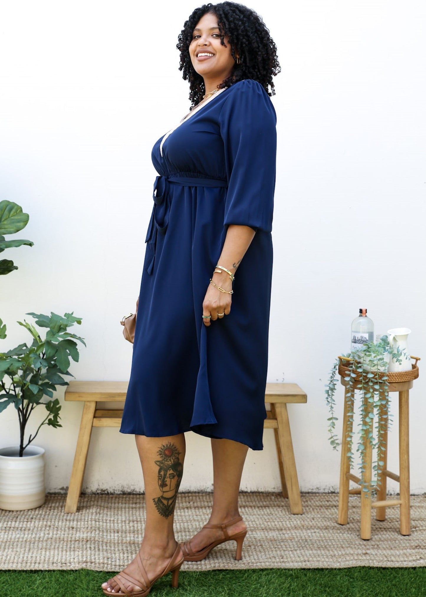 Plus Size Crochet V Neck Boho Long Sleeve Dress