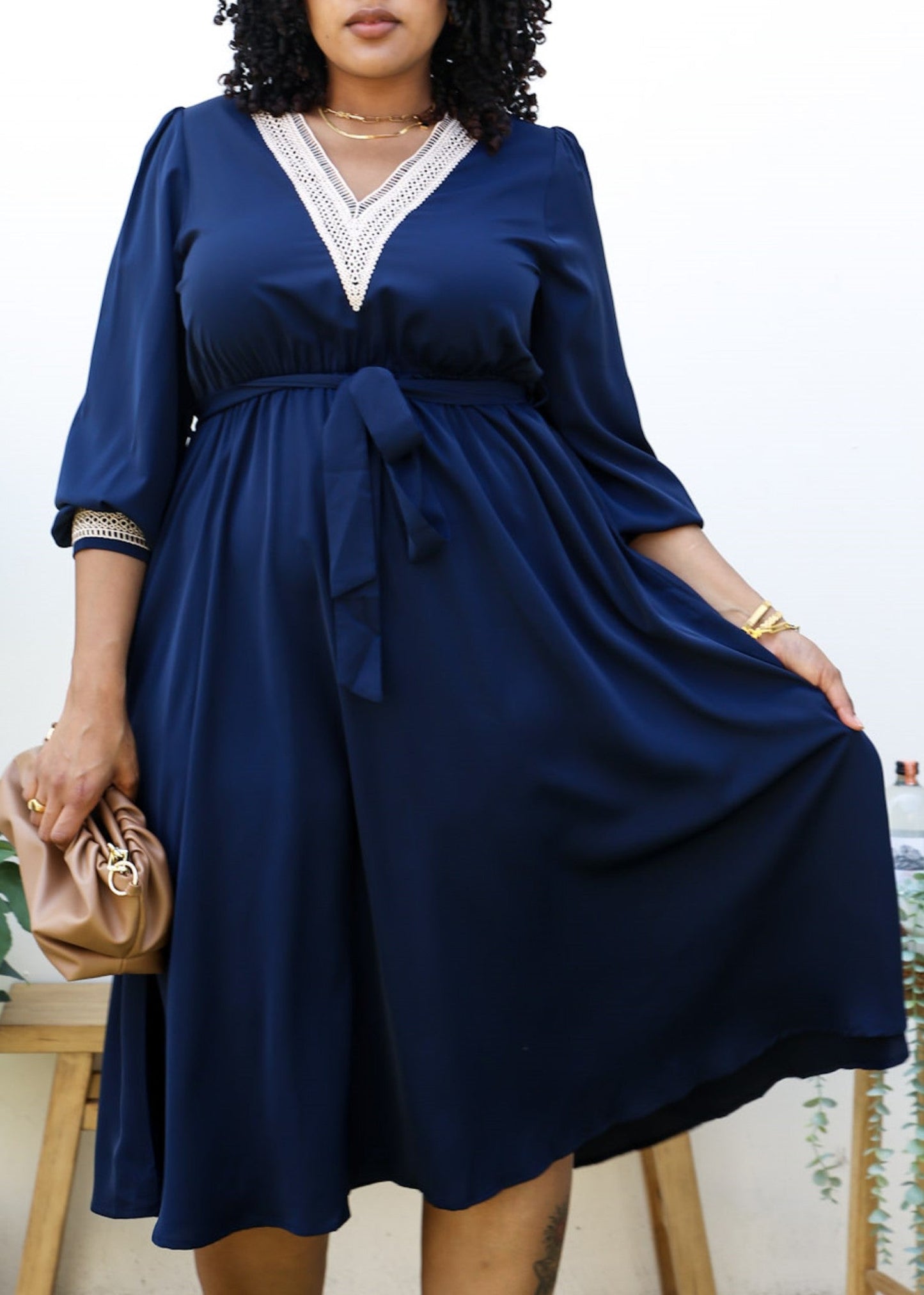 Plus Size Crochet V Neck Boho Long Sleeve Dress